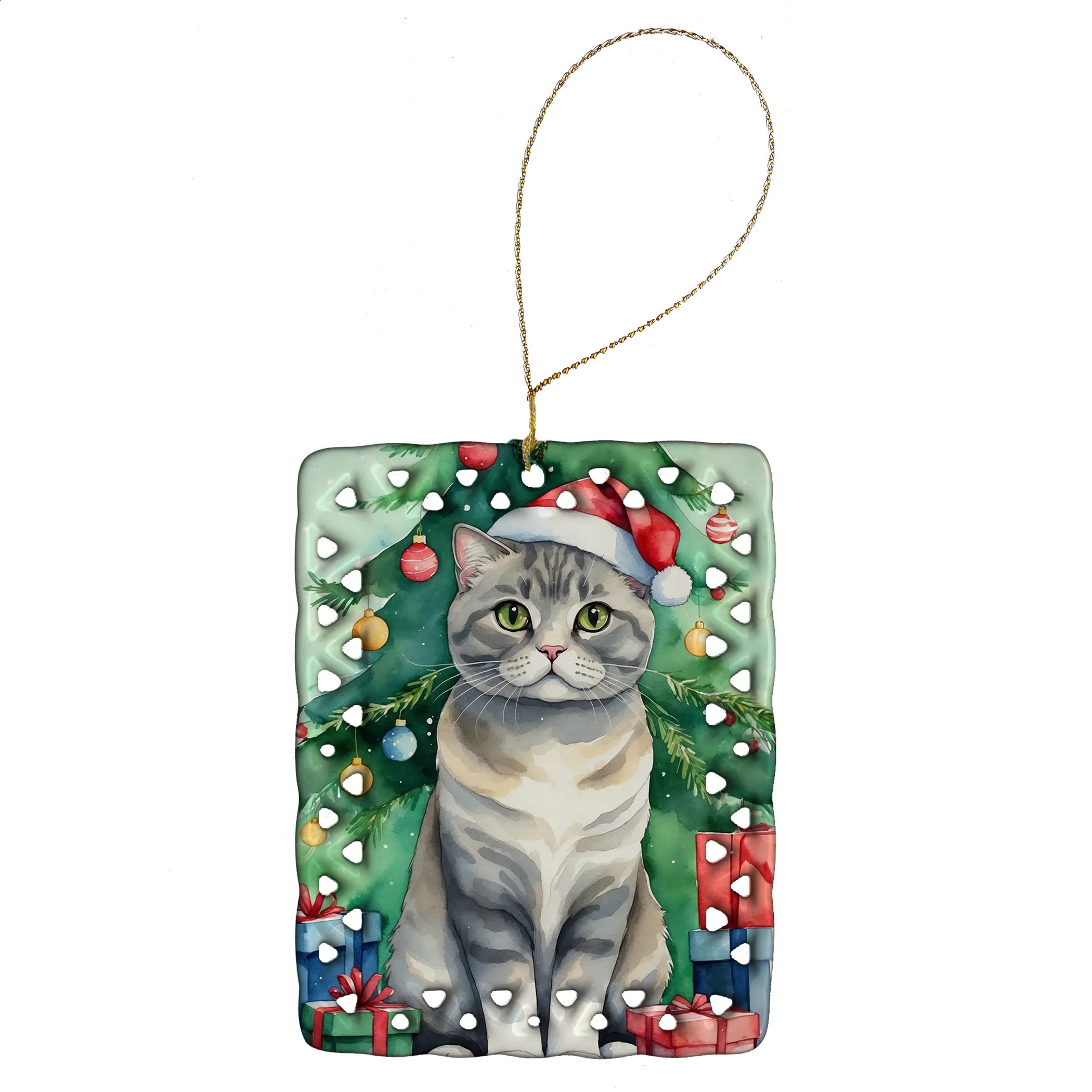 Cat By Christmas Tree Porcelain Ornament
