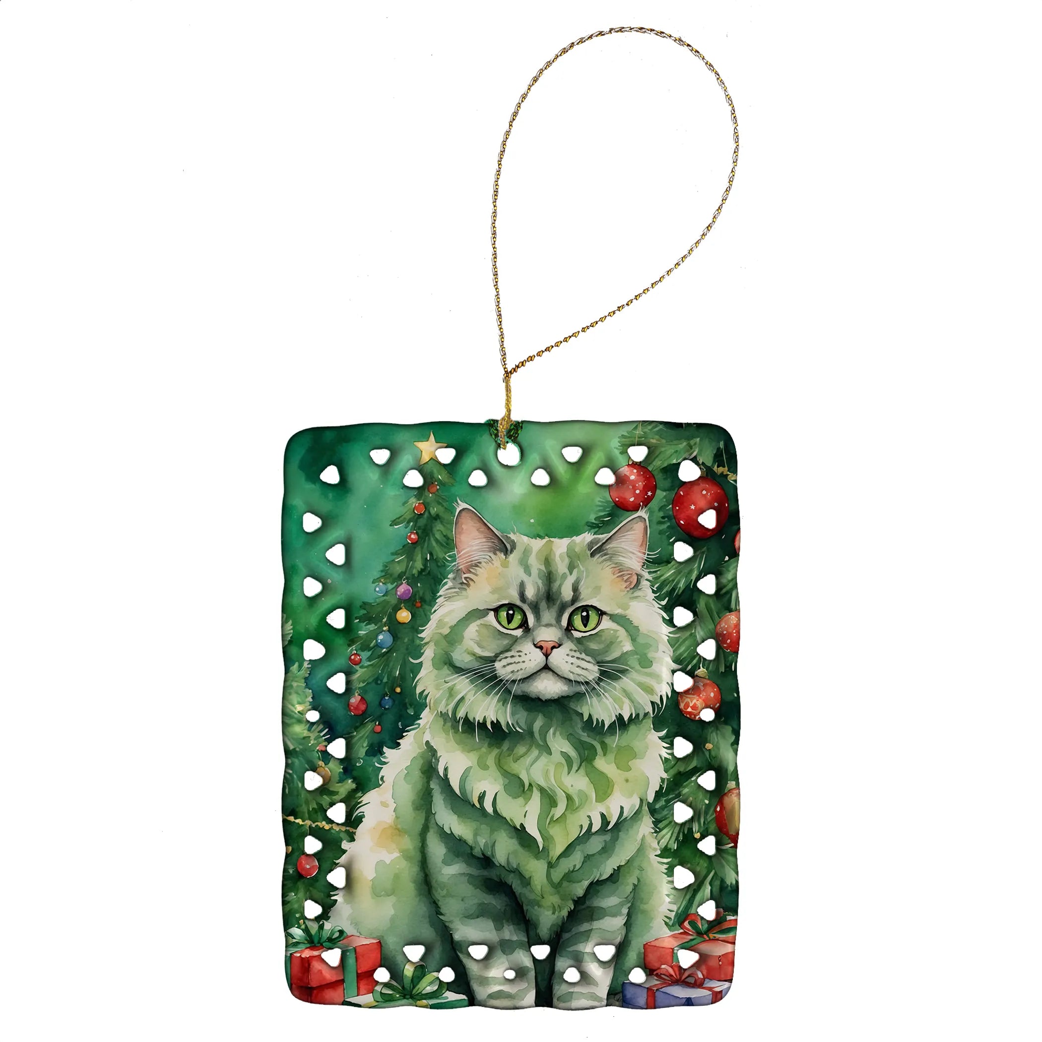 Cat By Christmas Tree Porcelain Ornament