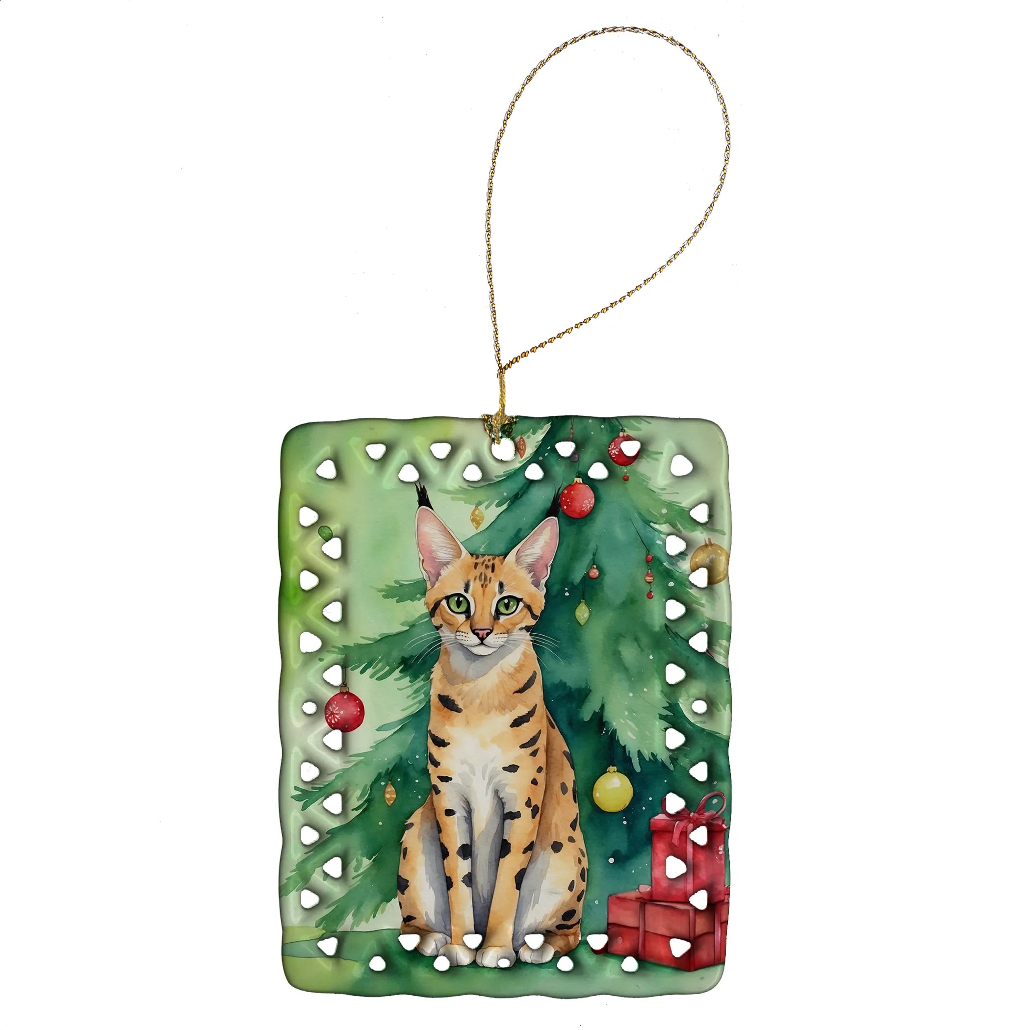 Cat By Christmas Tree Porcelain Ornament