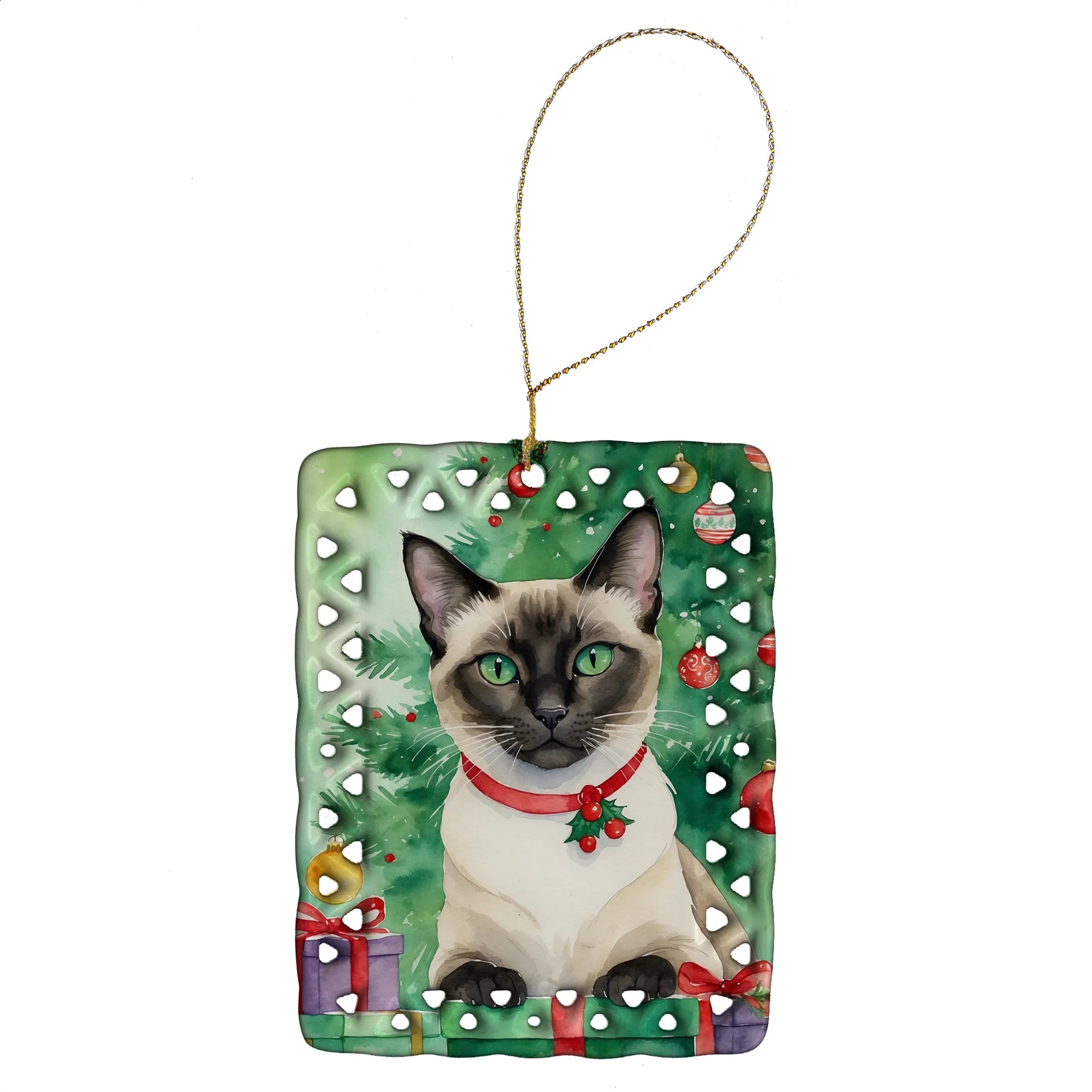 Cat By Christmas Tree Porcelain Ornament