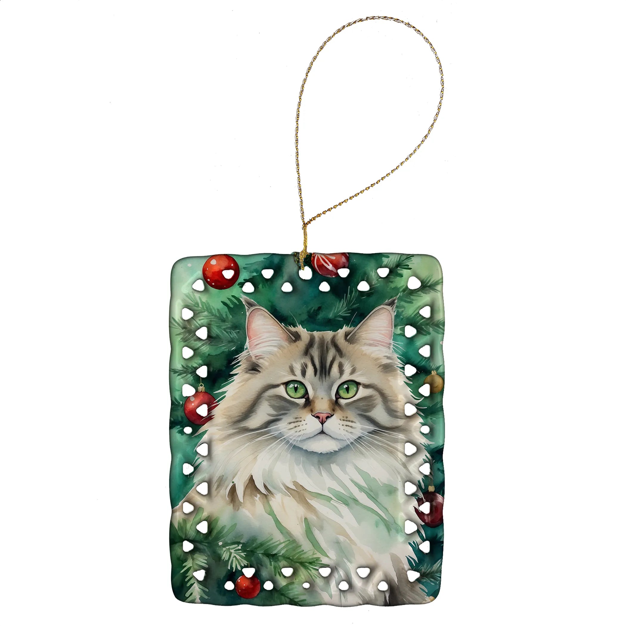 Cat By Christmas Tree Porcelain Ornament