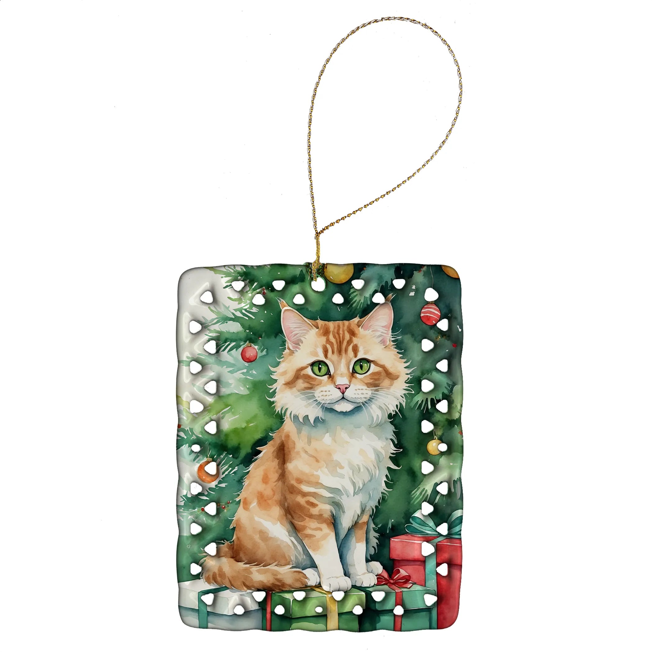 Cat By Christmas Tree Porcelain Ornament