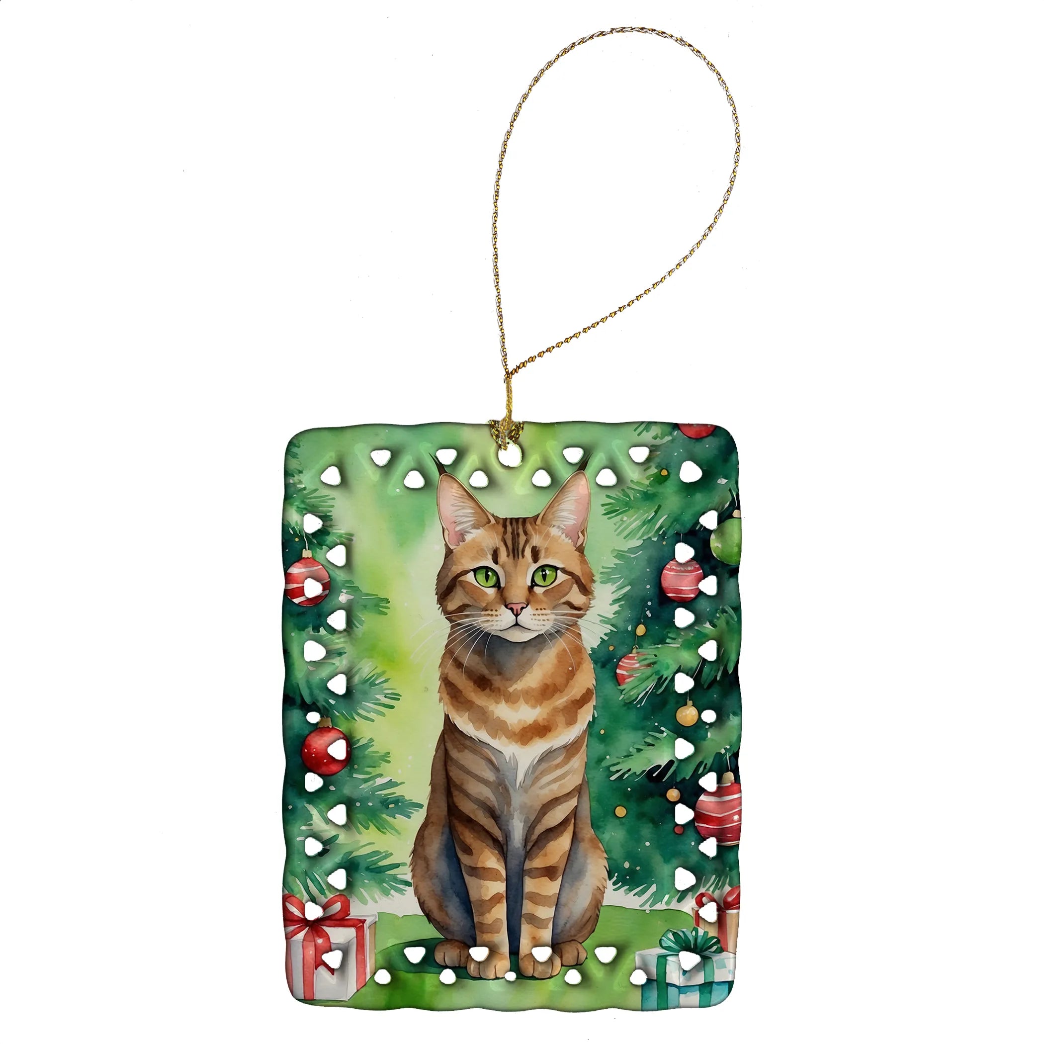 Cat By Christmas Tree Porcelain Ornament