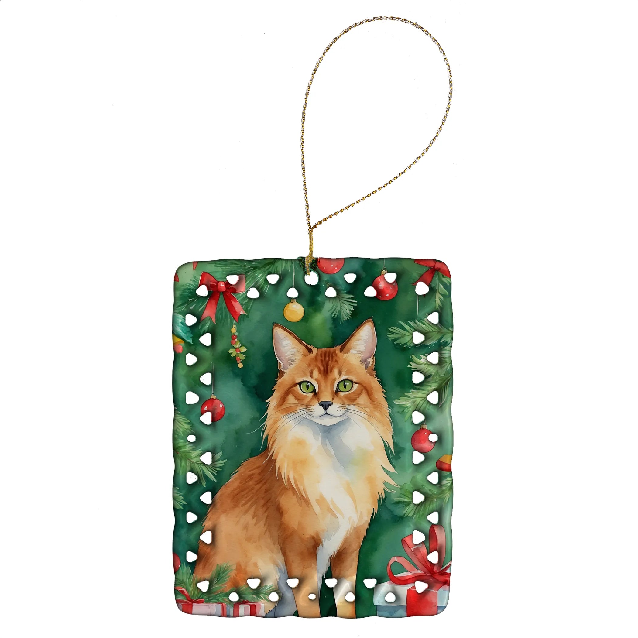 Cat By Christmas Tree Porcelain Ornament