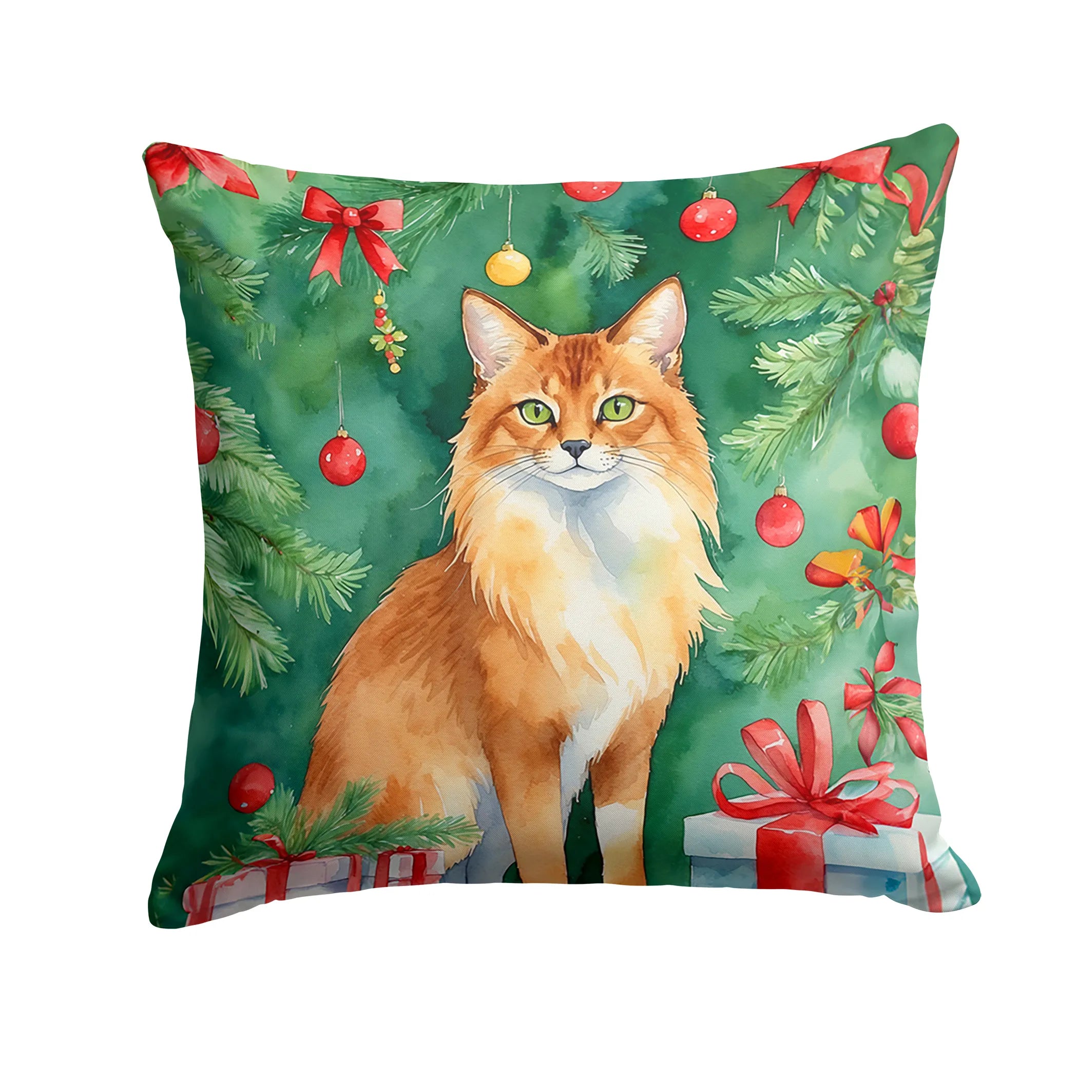 Cat By Christmas Tree Throw Pillow - Pack Of: 1 | Collection name: Cat by christmas tree