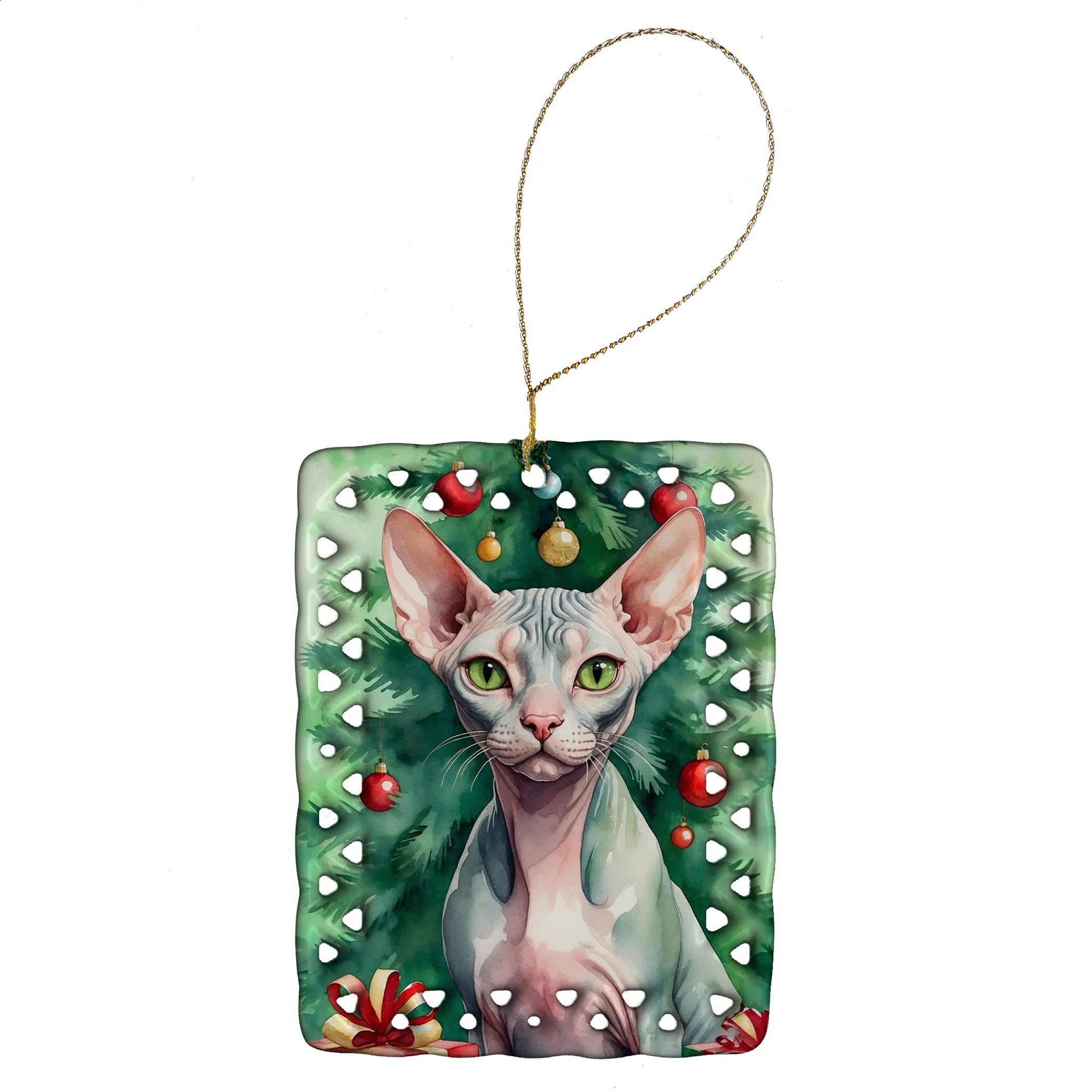 Cat By Christmas Tree Porcelain Ornament