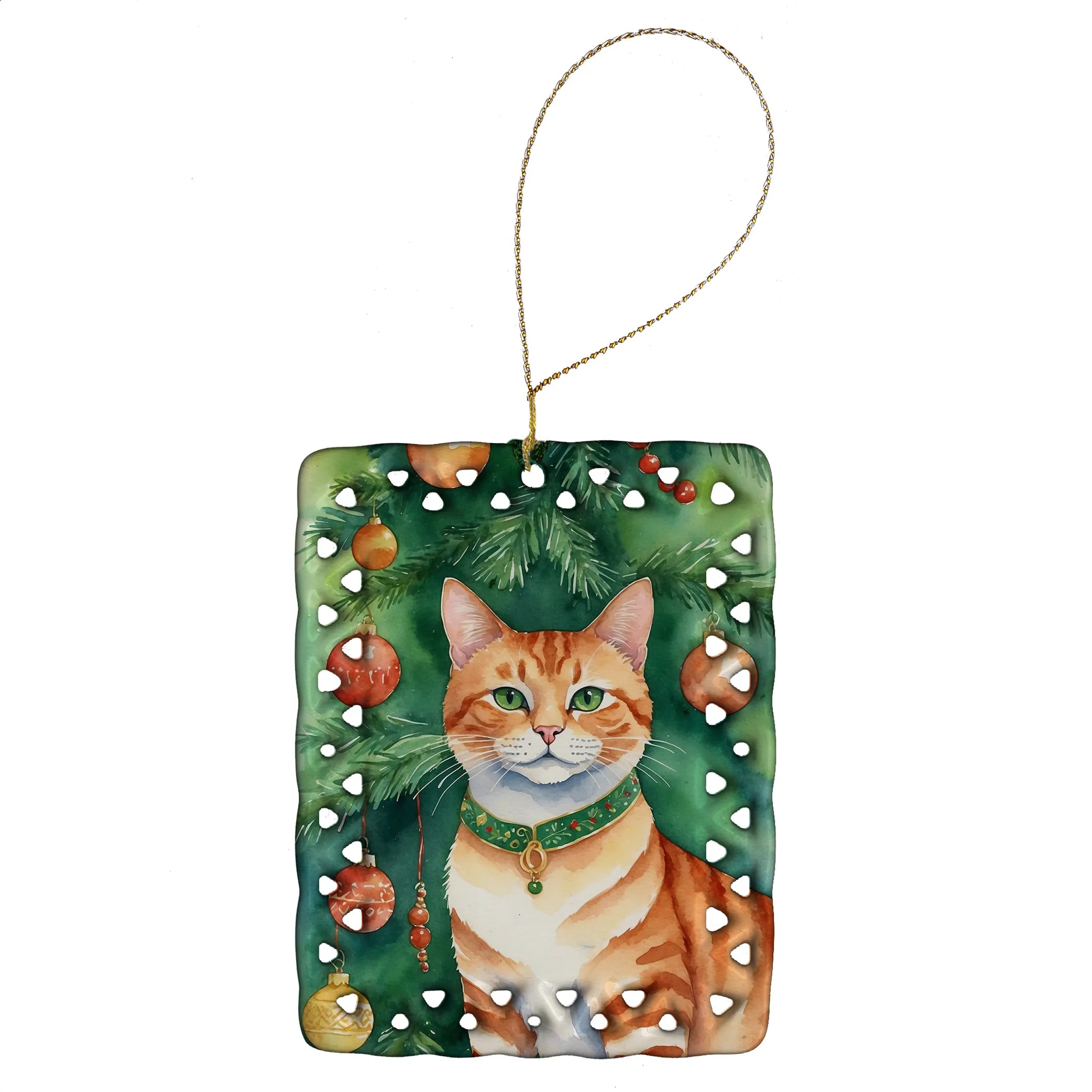 Cat By Christmas Tree Porcelain Ornament