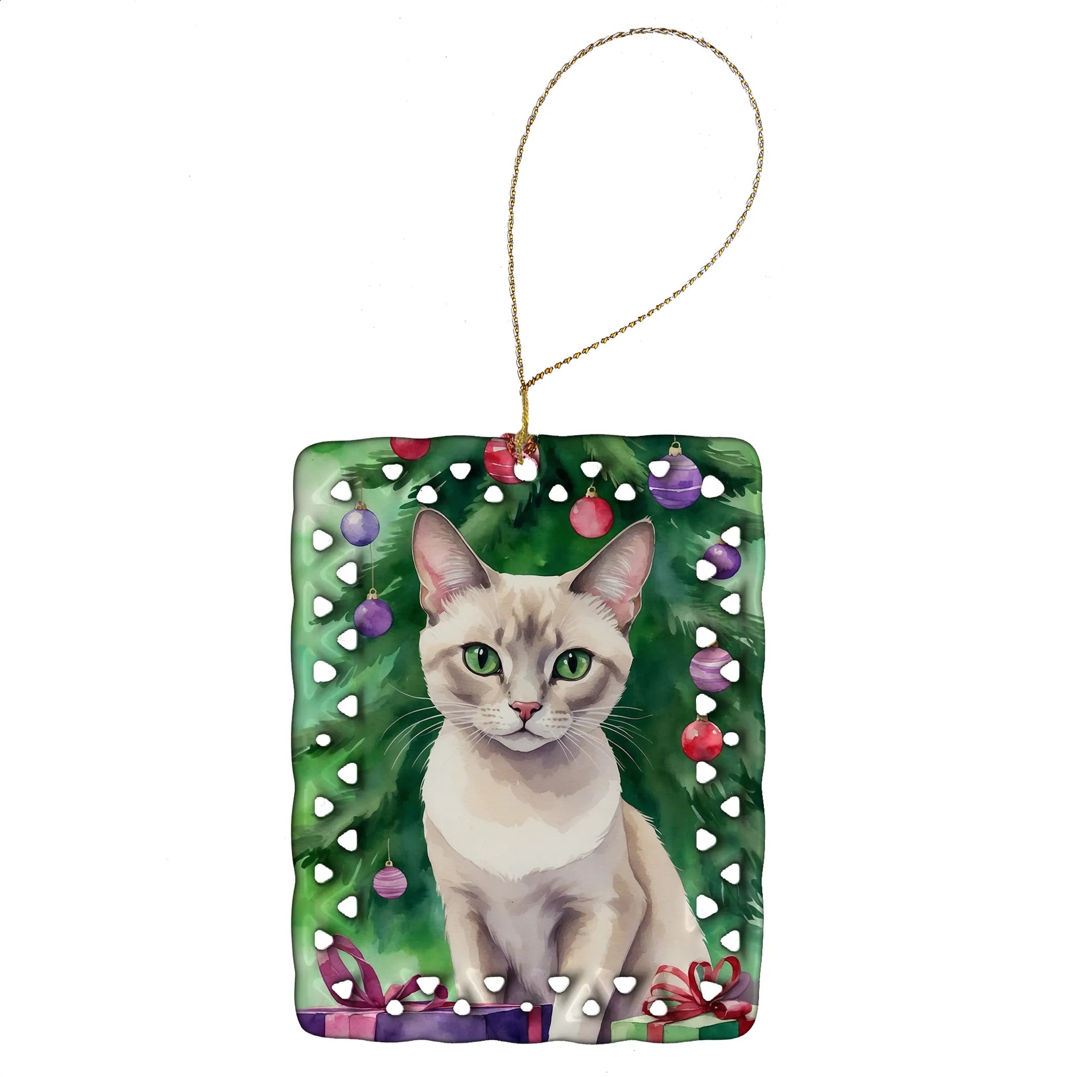 Cat By Christmas Tree Porcelain Ornament
