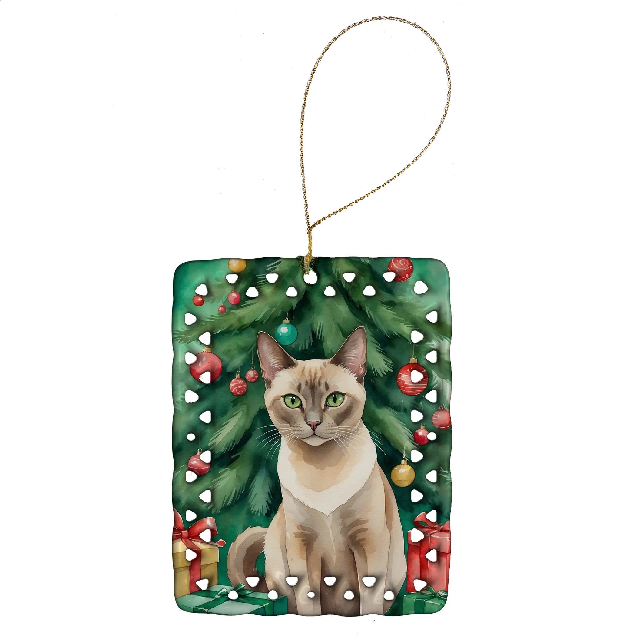 Cat By Christmas Tree Porcelain Ornament