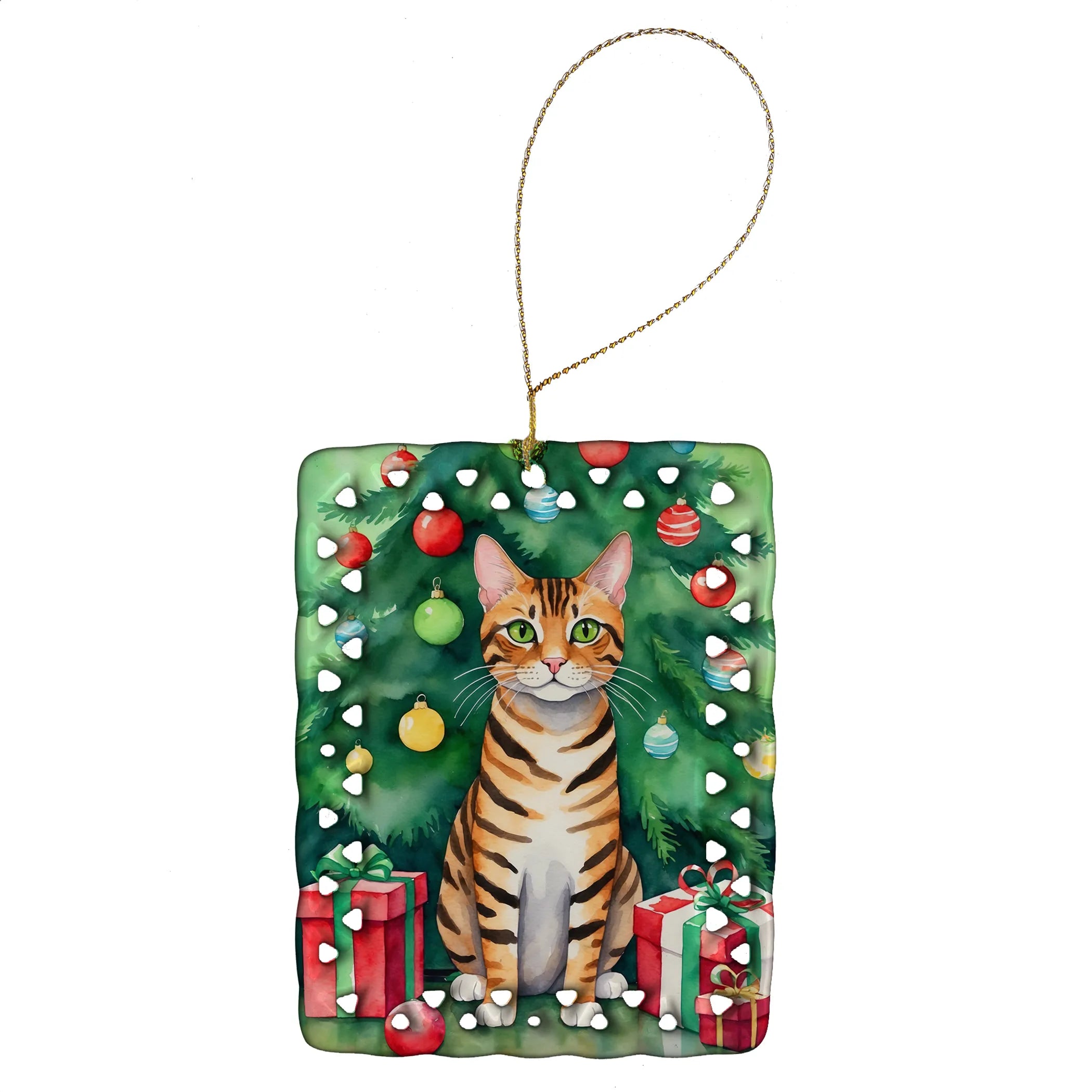 Cat By Christmas Tree Porcelain Ornament