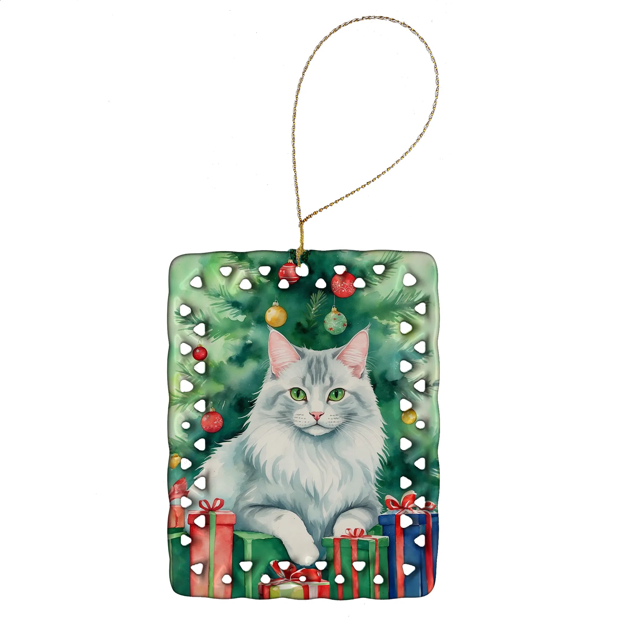 Cat By Christmas Tree Porcelain Ornament