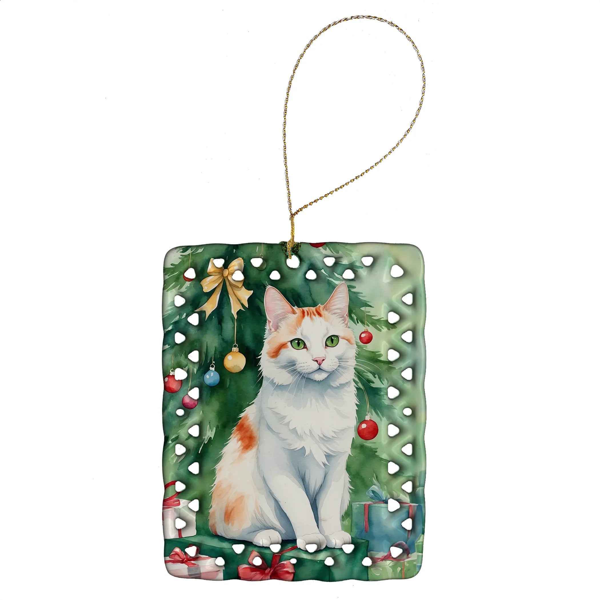 Cat By Christmas Tree Porcelain Ornament