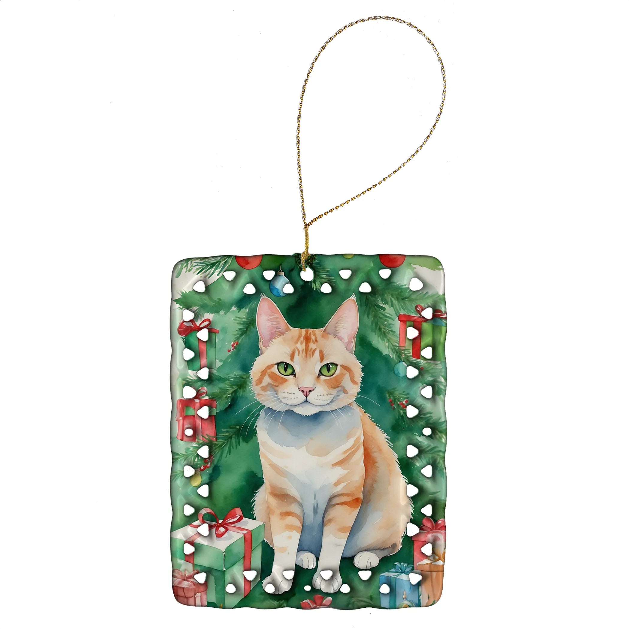 Cat By Christmas Tree Porcelain Ornament