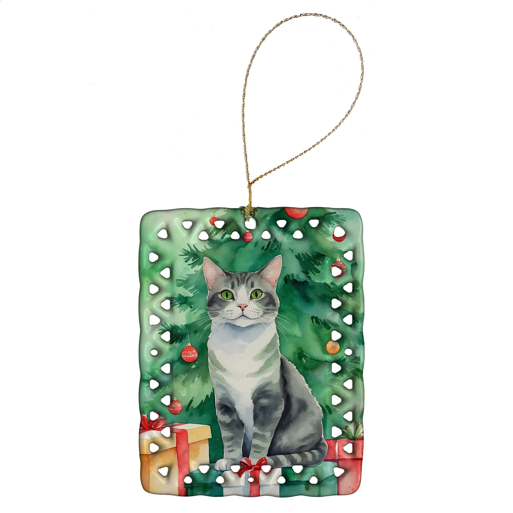 Cat By Christmas Tree Porcelain Ornament