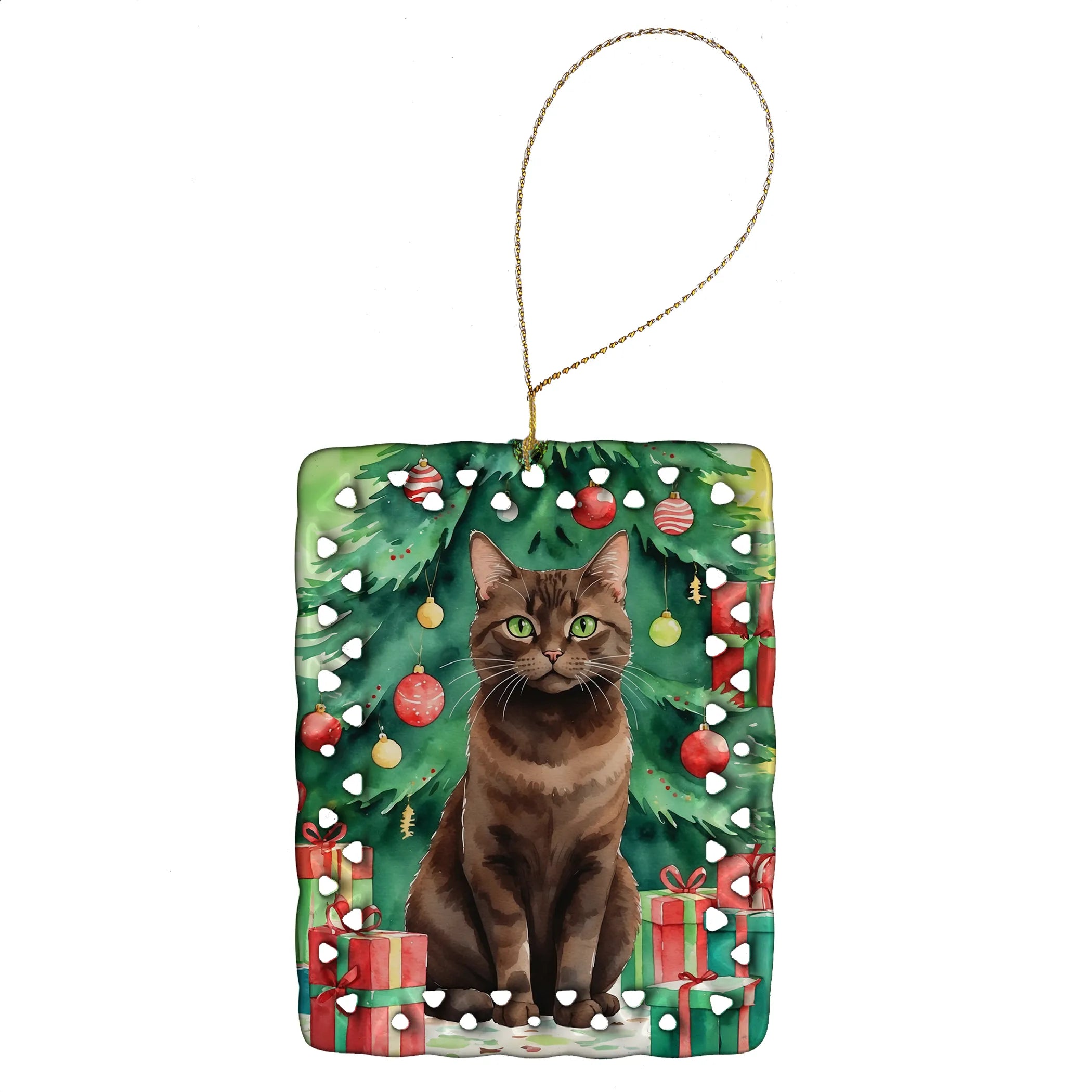 Cat By Christmas Tree Porcelain Ornament