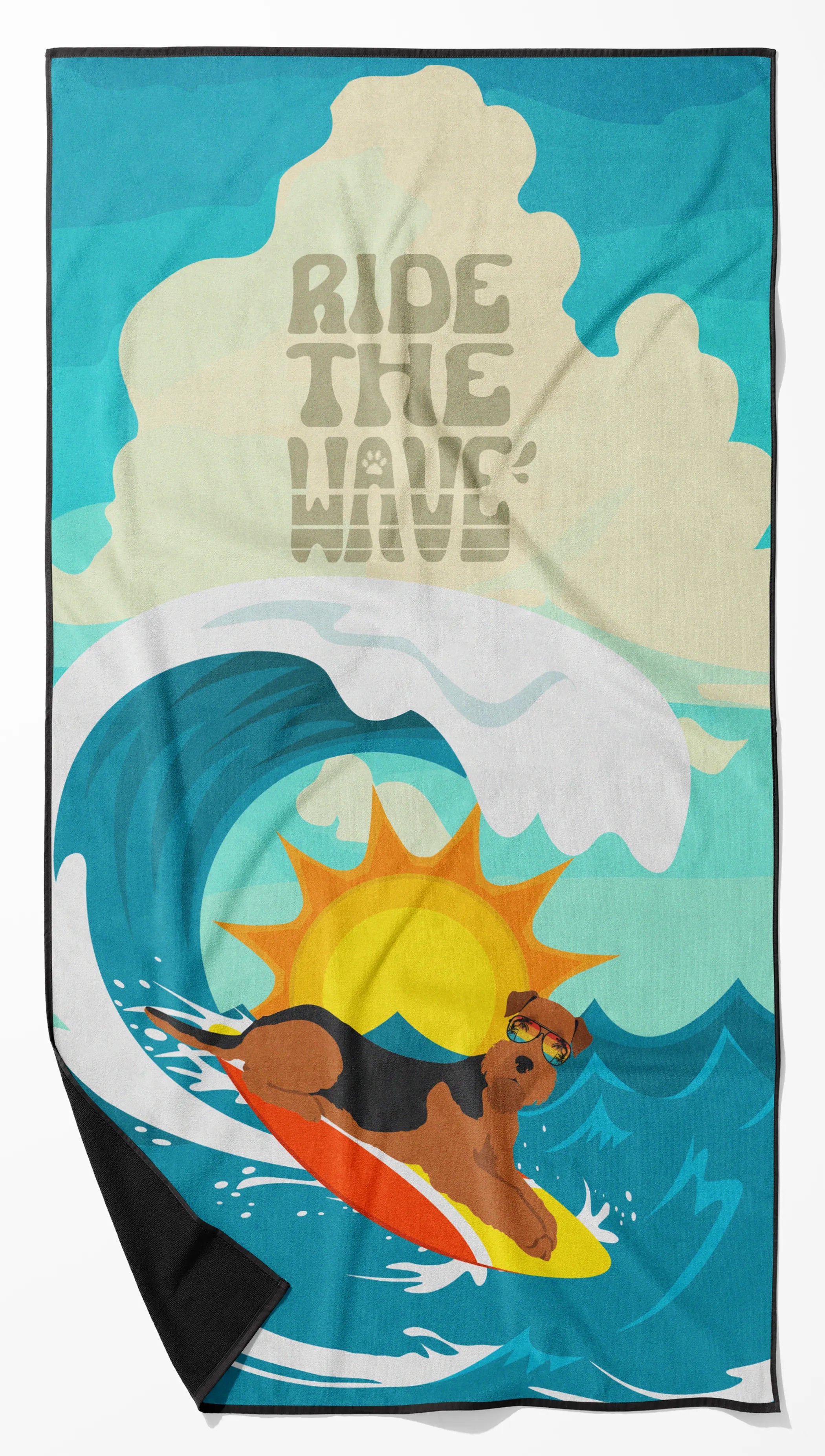 Surfer Dog Ride the Wave Premium Beach Towel - Size: 60HX130W | Pack Of: 1 | Collection name: Surfer dog ride the wave