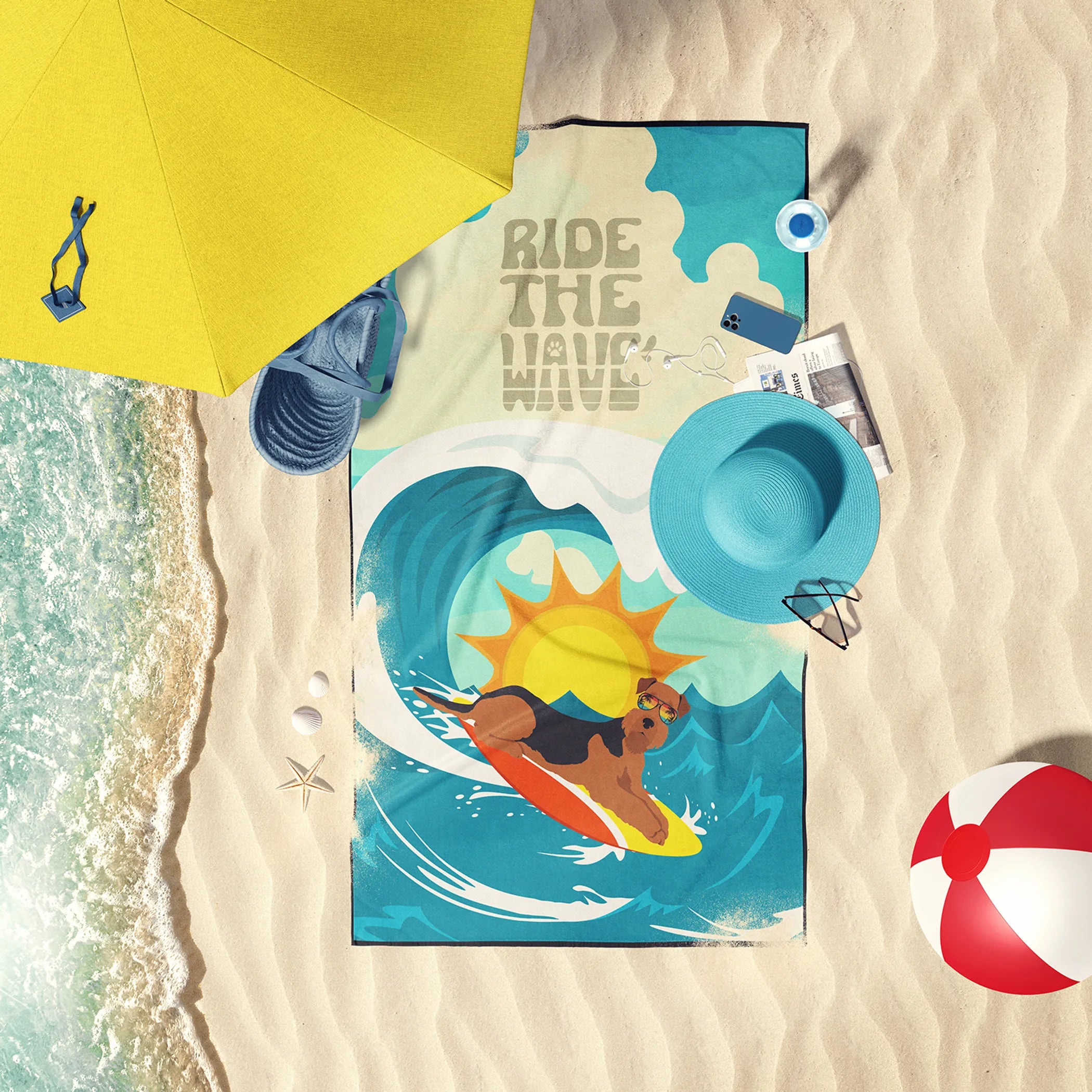 Surfer Dog Ride the Wave Premium Beach Towel - Size: 60HX130W | Pack Of: 1 | Collection name: Surfer dog ride the wave