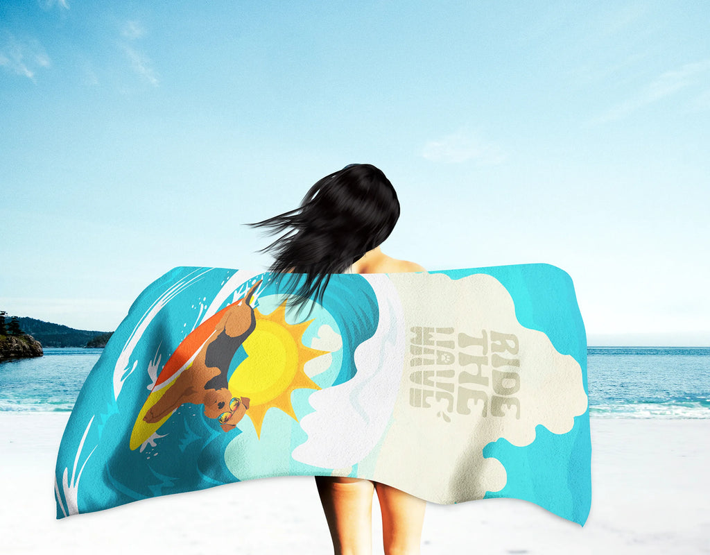 Surfer Dog Ride the Wave Premium Beach Towel - Size: 60HX130W | Pack Of: 1 | Collection name: Surfer dog ride the wave