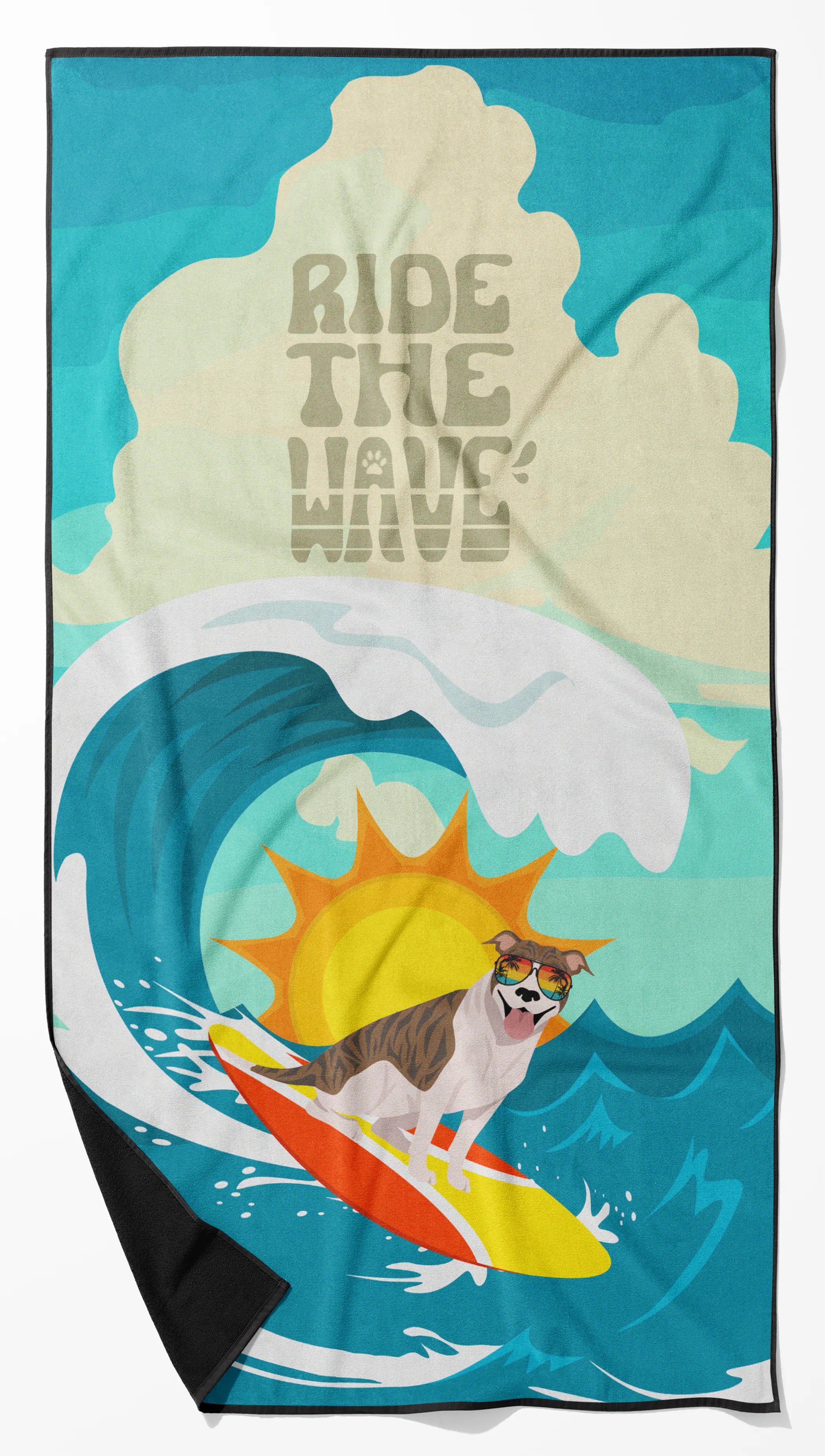 Surfer Dog Ride the Wave Premium Beach Towel - Size: 60HX130W | Pack Of: 1 | Collection name: Surfer dog ride the wave