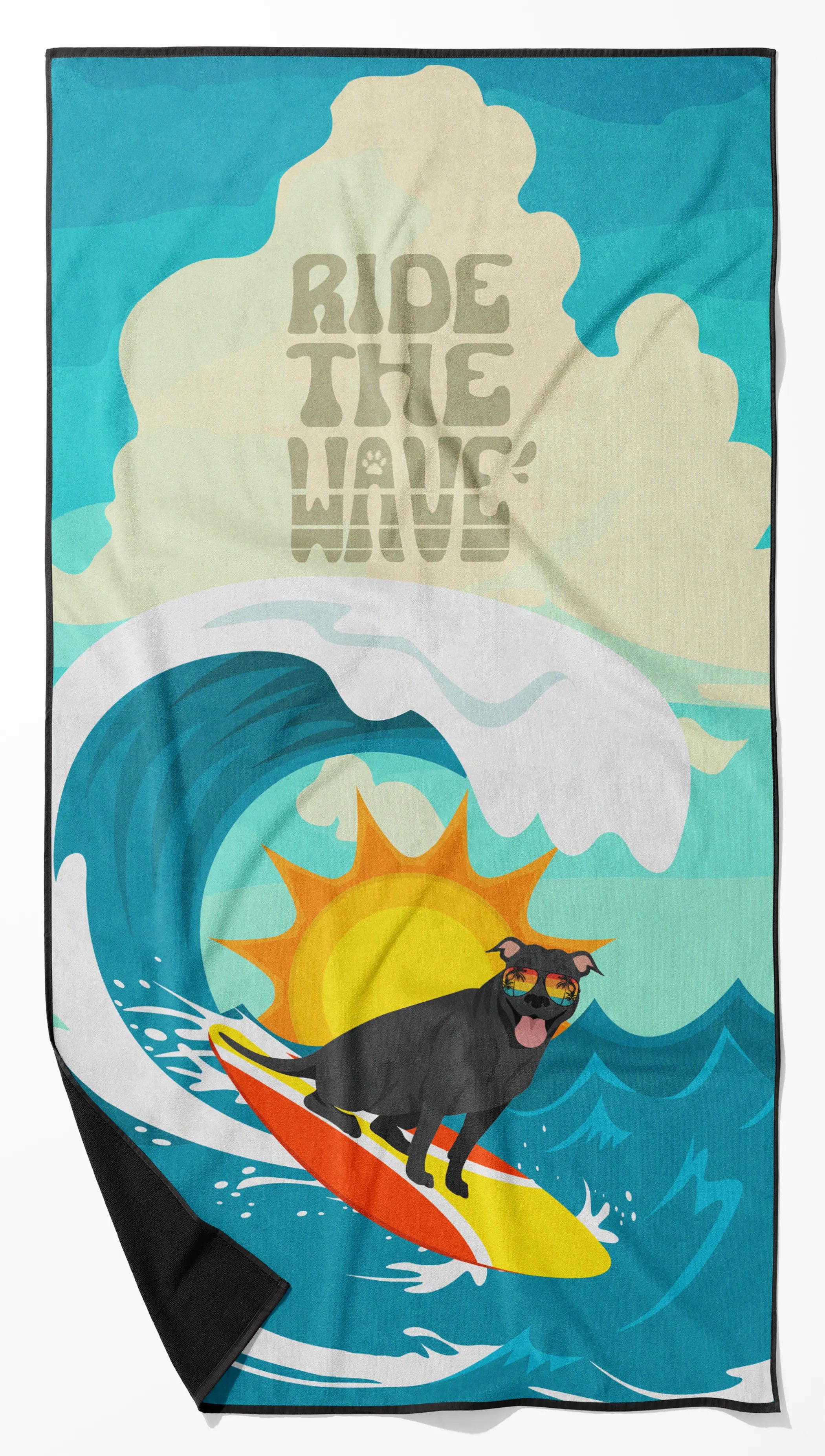 Surfer Dog Ride the Wave Premium Beach Towel - Size: 60HX130W | Pack Of: 1 | Collection name: Surfer dog ride the wave