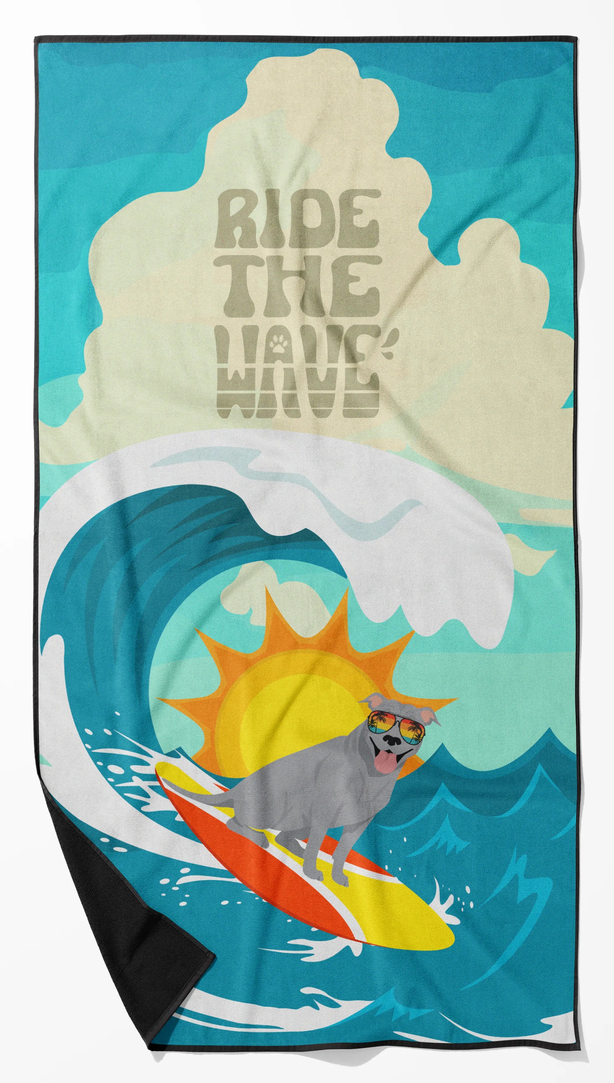 Surfer Dog Ride the Wave Premium Beach Towel - Size: 60HX130W | Pack Of: 1 | Collection name: Surfer dog ride the wave