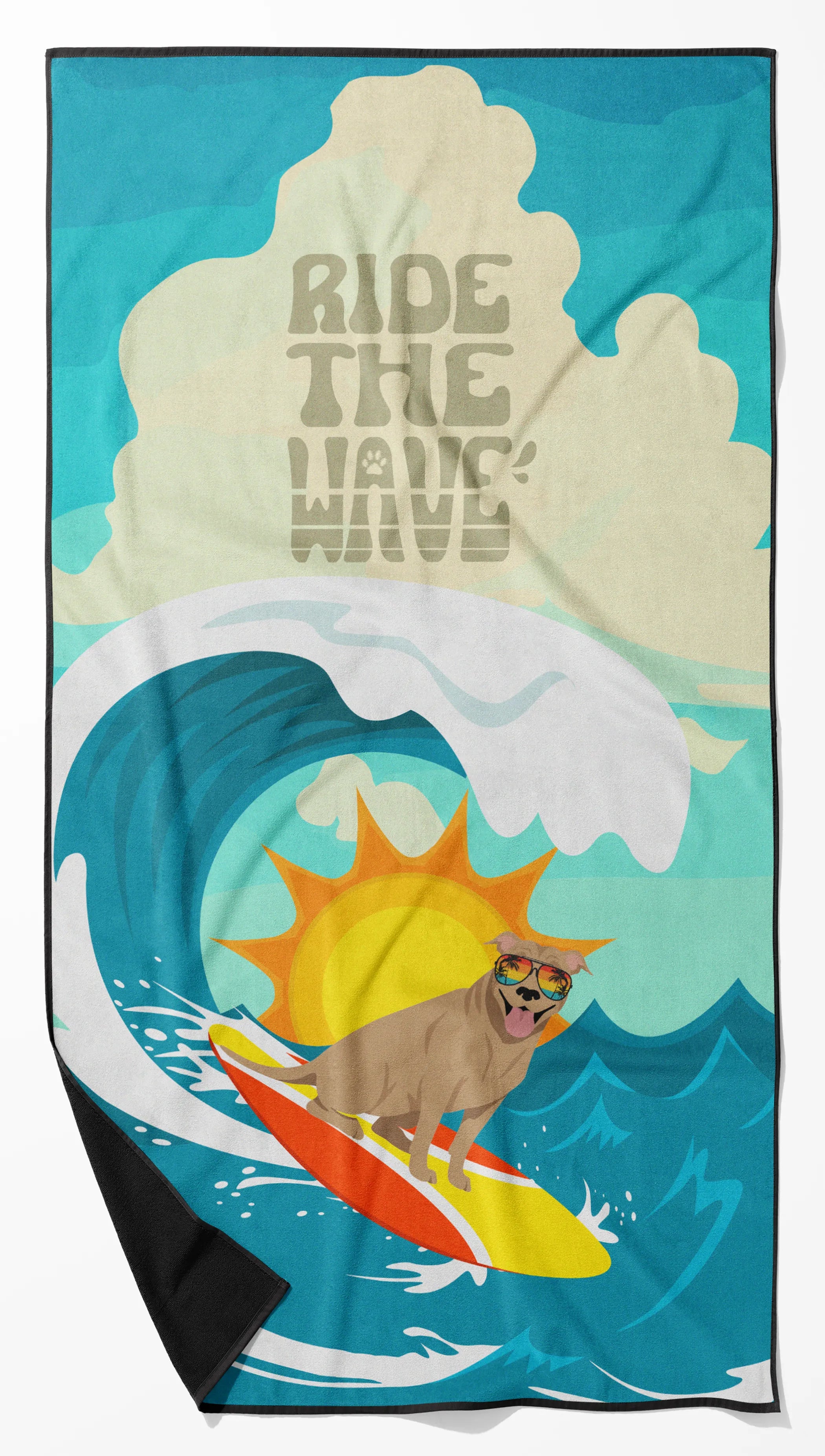 Surfer Dog Ride the Wave Premium Beach Towel - Size: 60HX130W | Pack Of: 1 | Collection name: Surfer dog ride the wave