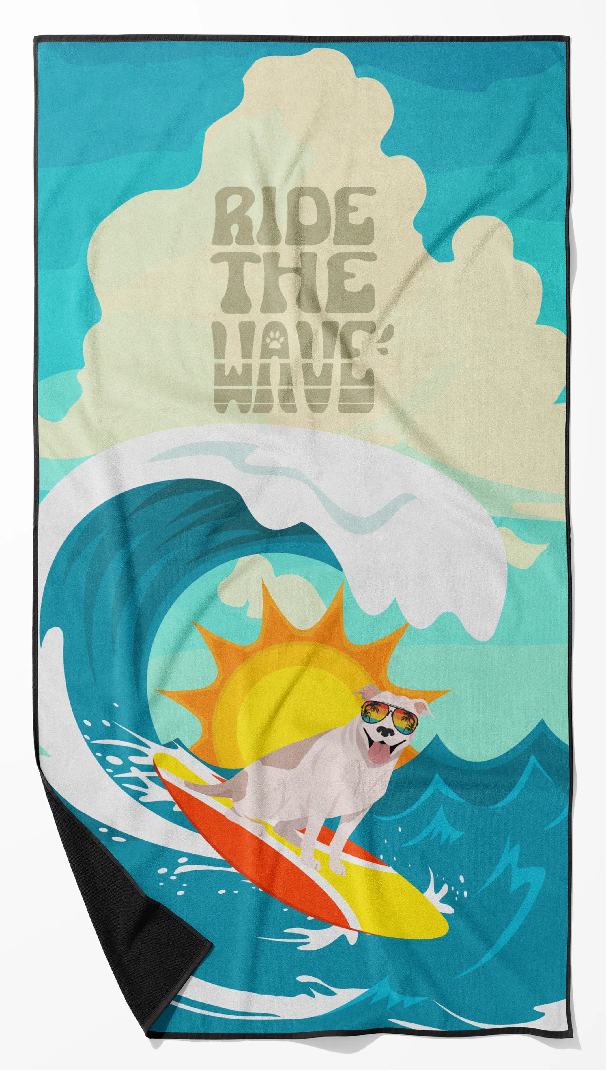 Surfer Dog Ride the Wave Premium Beach Towel - Size: 60HX130W | Pack Of: 1 | Collection name: Surfer dog ride the wave