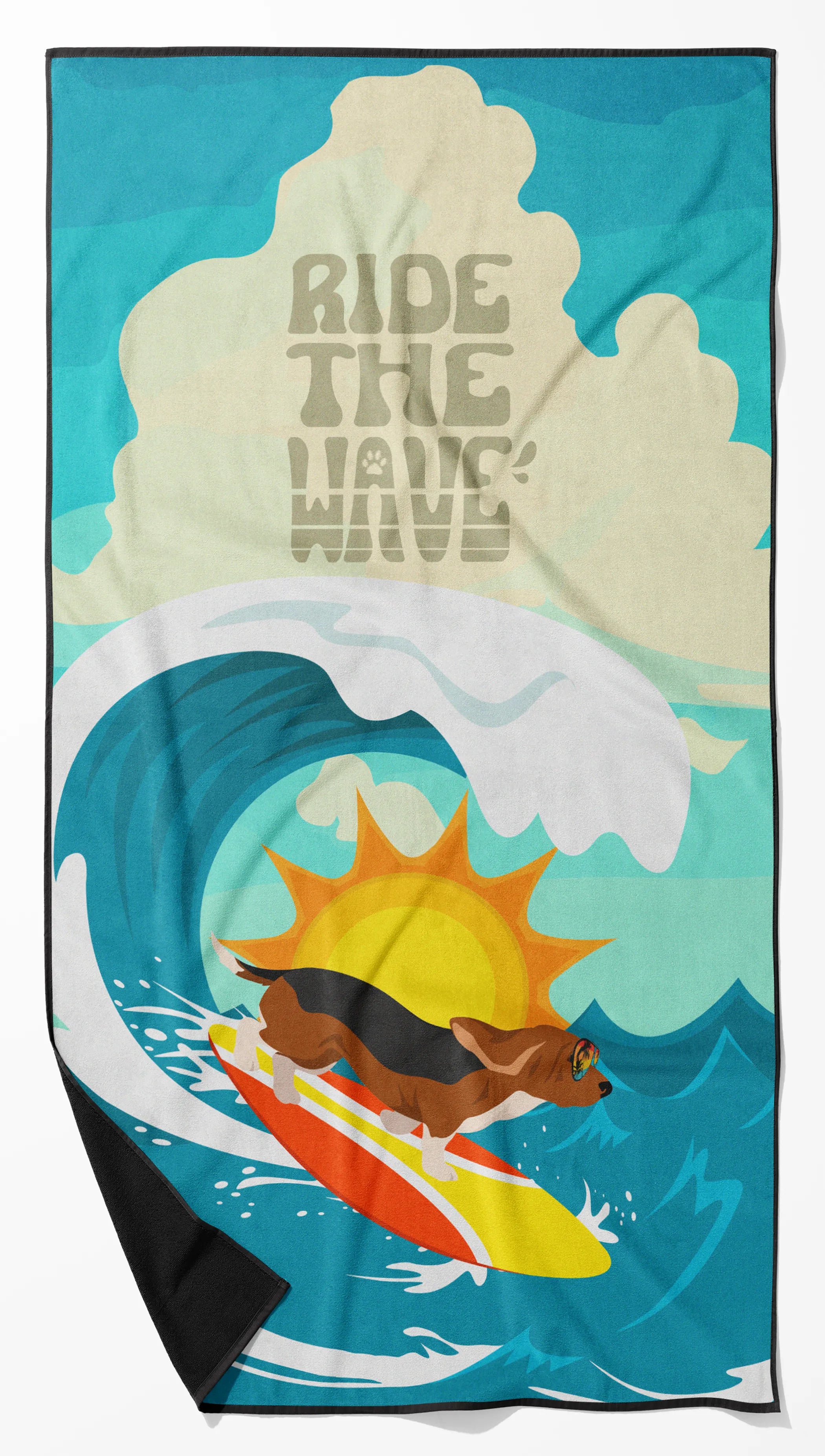 Surfer Dog Ride the Wave Premium Beach Towel - Size: 60HX130W | Pack Of: 1 | Collection name: Surfer dog ride the wave