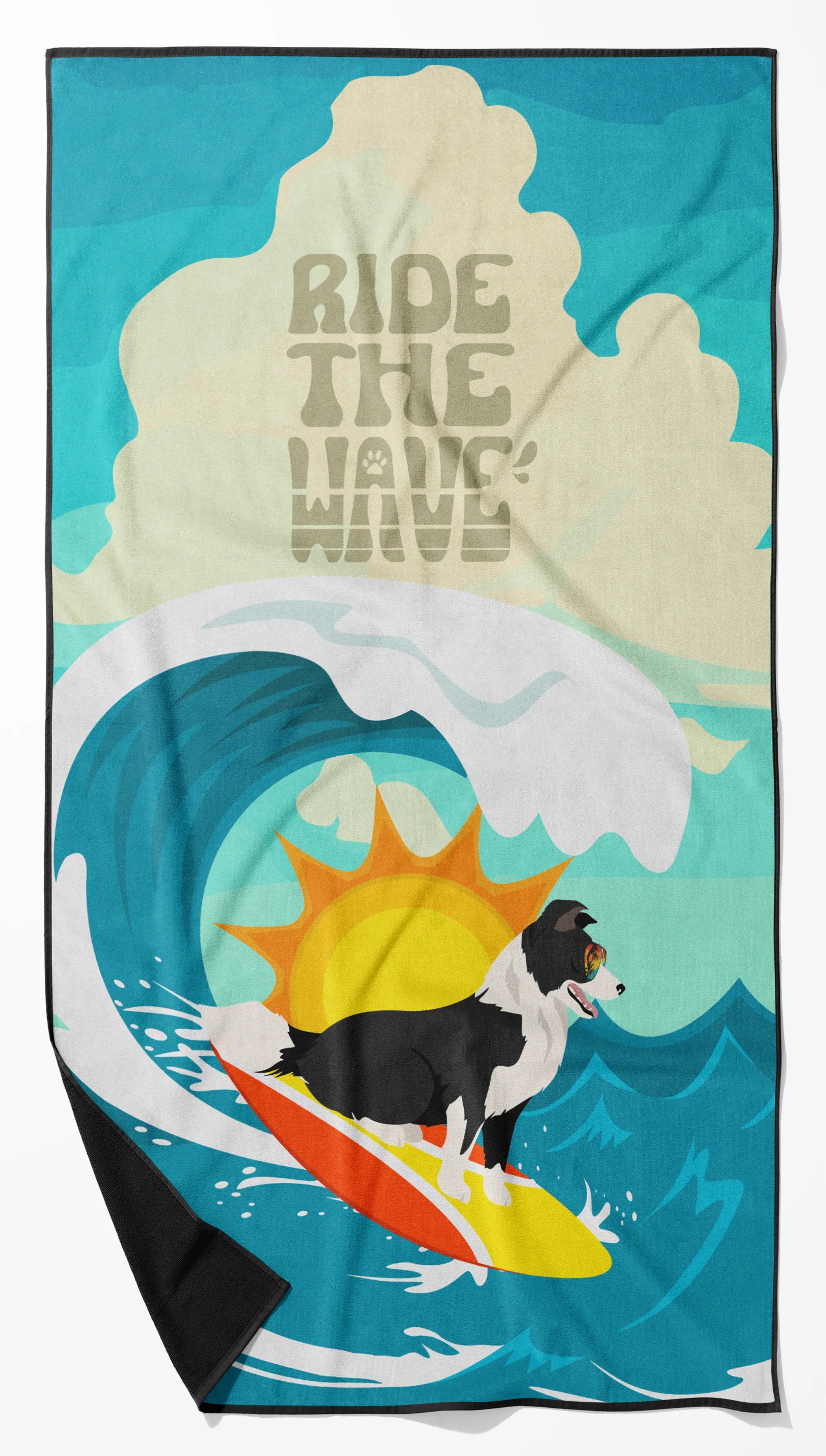 Surfer Dog Ride the Wave Premium Beach Towel - Size: 60HX130W | Pack Of: 1 | Collection name: Surfer dog ride the wave
