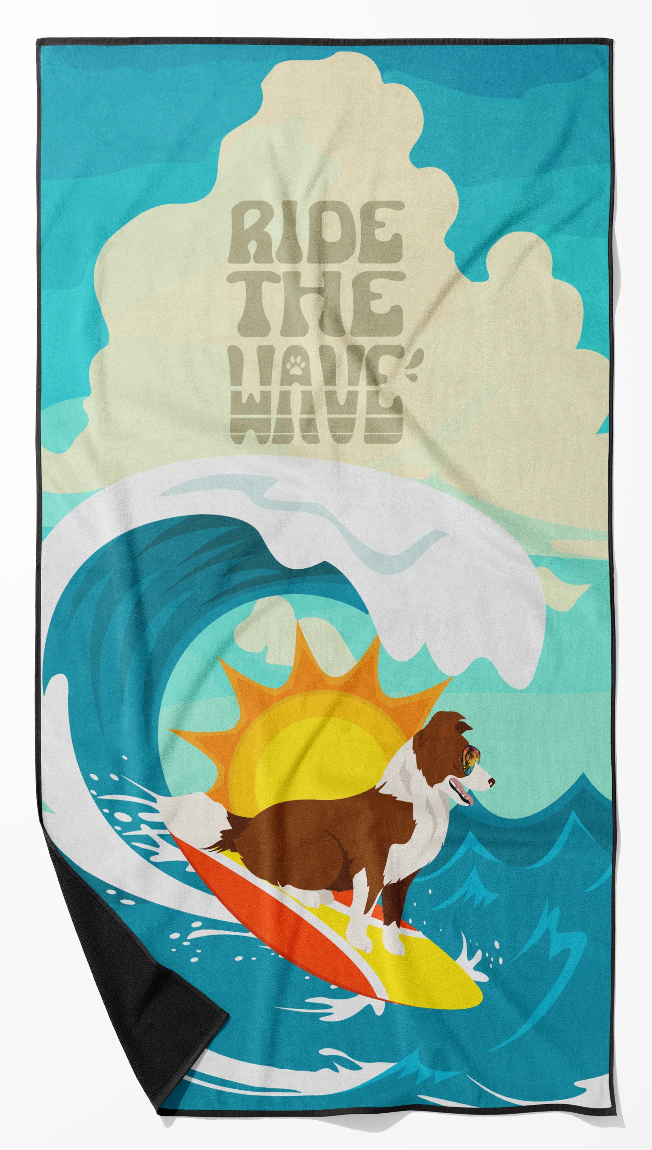 Surfer Dog Ride the Wave Premium Beach Towel - Size: 60HX130W | Pack Of: 1 | Collection name: Surfer dog ride the wave