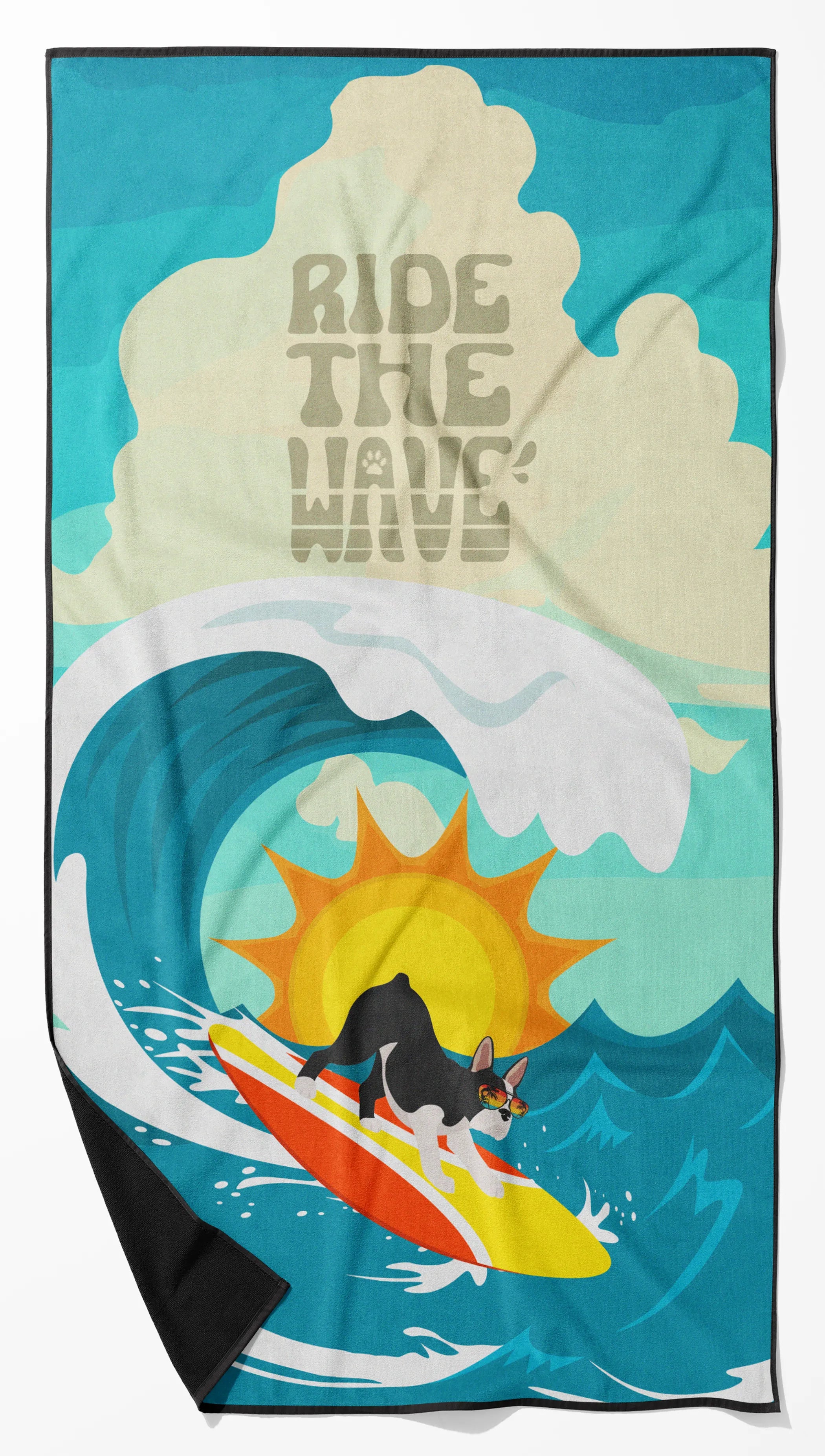 Surfer Dog Ride the Wave Premium Beach Towel - Size: 60HX130W | Pack Of: 1 | Collection name: Surfer dog ride the wave