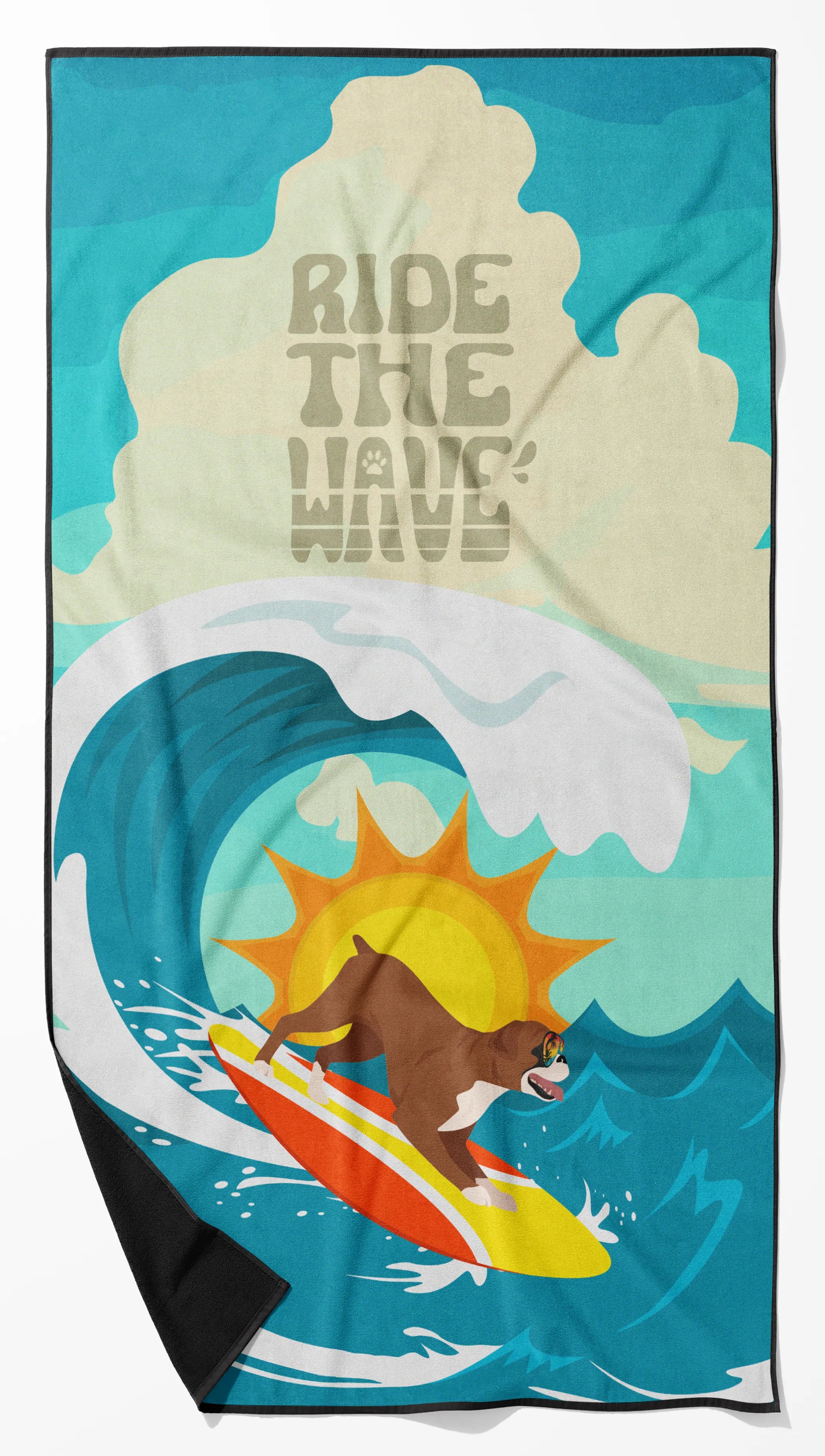 Surfer Dog Ride the Wave Premium Beach Towel - Size: 60HX130W | Pack Of: 1 | Collection name: Surfer dog ride the wave