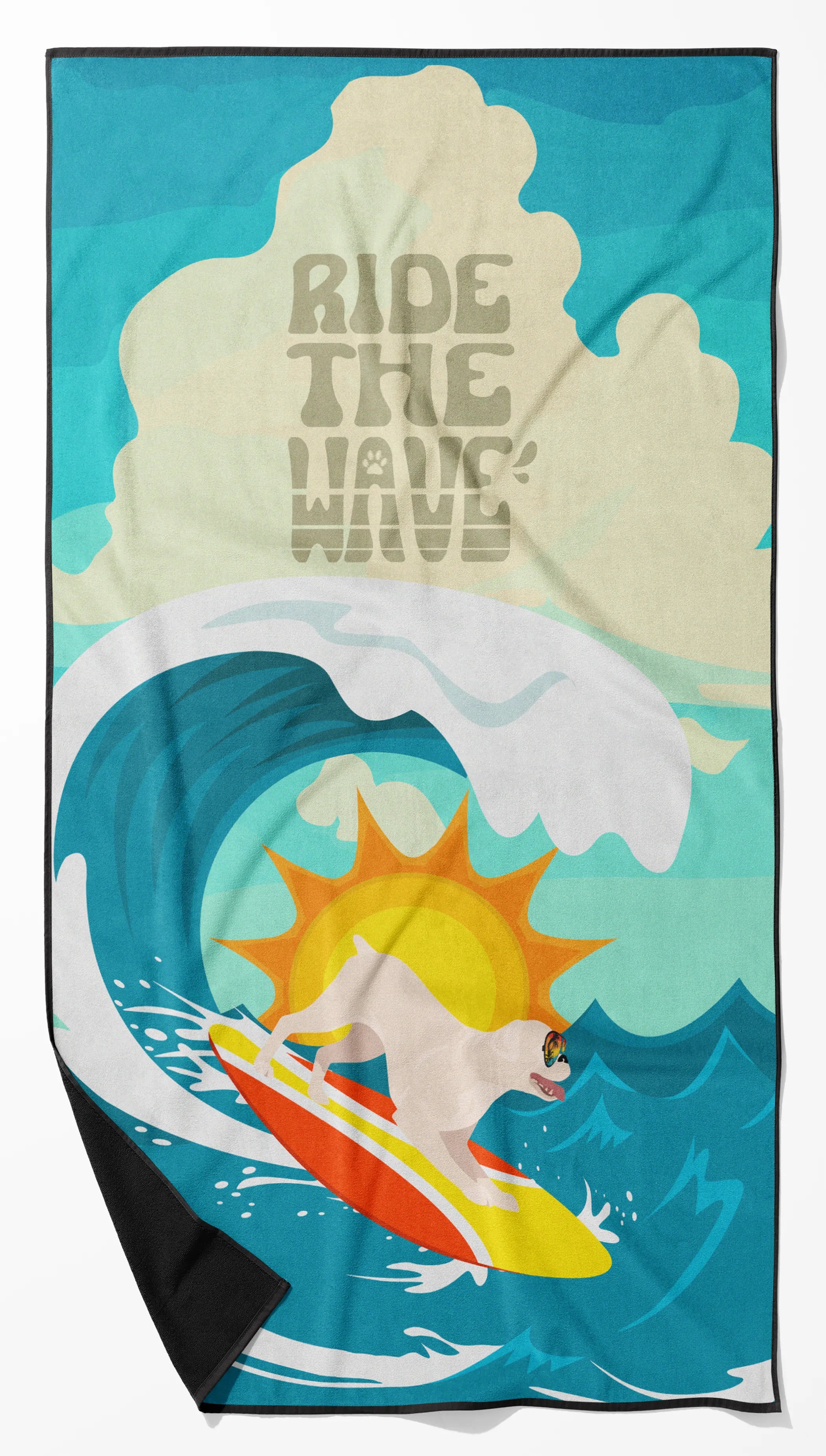 Surfer Dog Ride the Wave Premium Beach Towel - Size: 60HX130W | Pack Of: 1 | Collection name: Surfer dog ride the wave