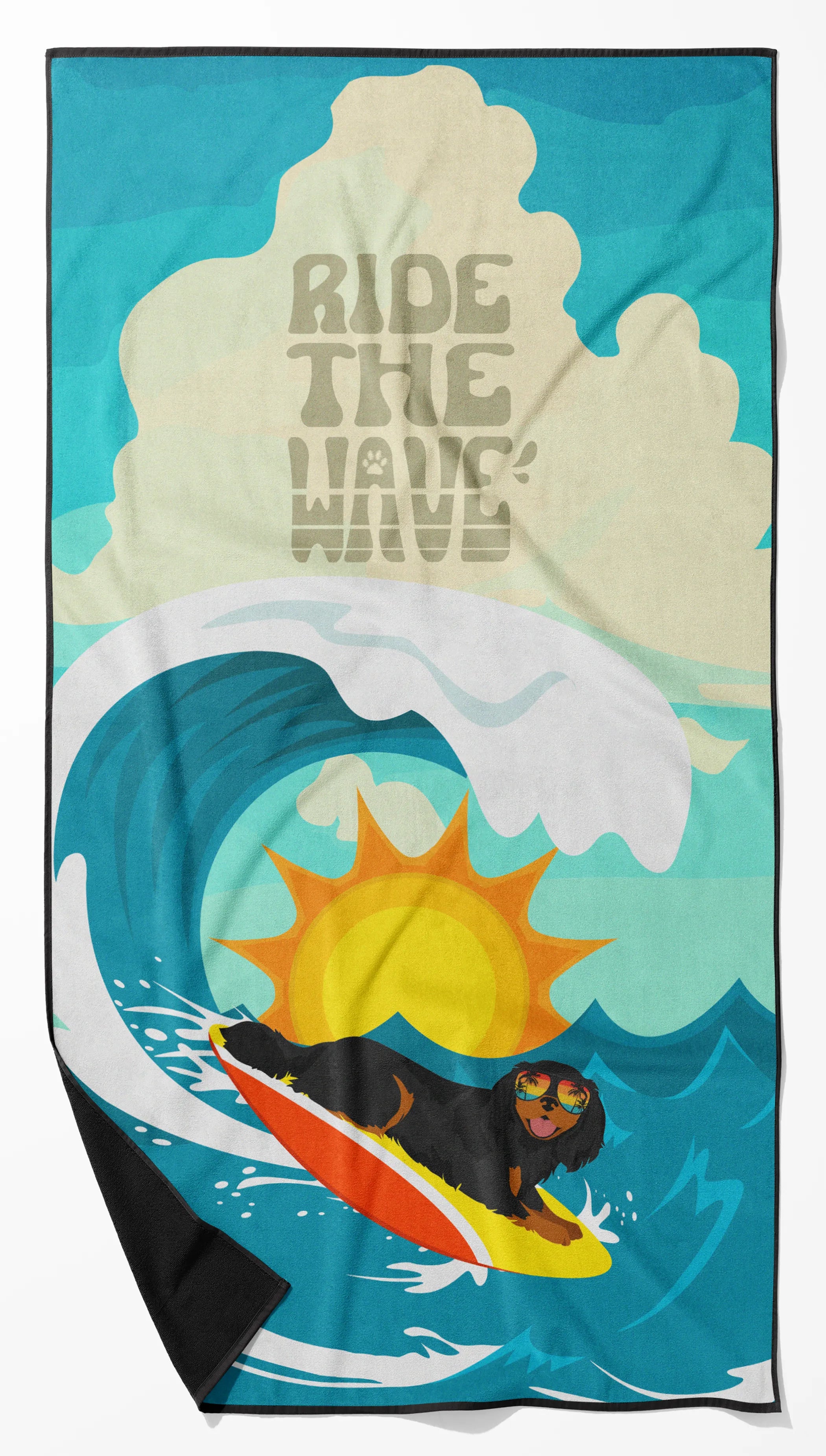 Surfer Dog Ride the Wave Premium Beach Towel - Size: 60HX130W | Pack Of: 1 | Collection name: Surfer dog ride the wave
