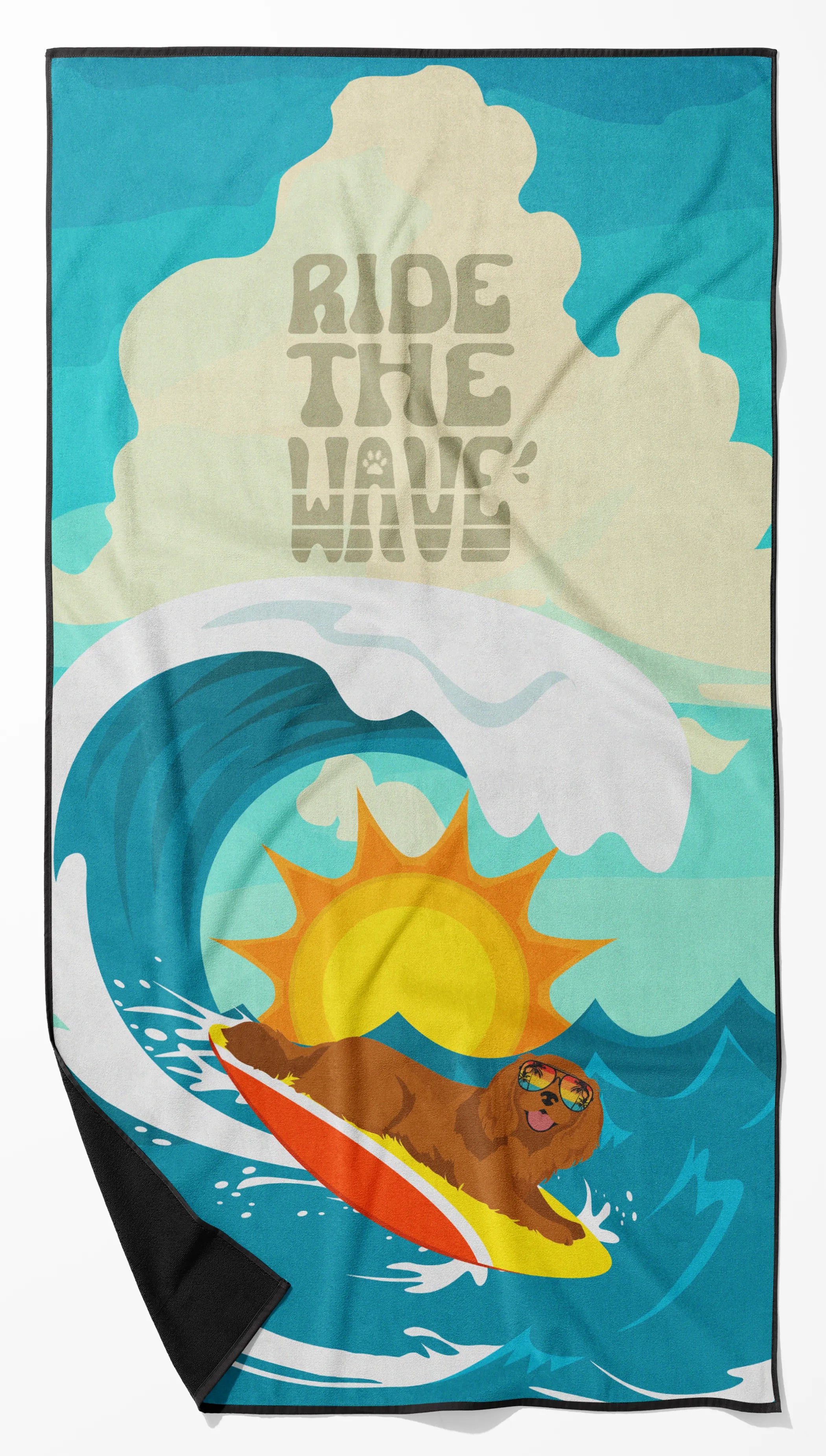 Surfer Dog Ride the Wave Premium Beach Towel - Size: 60HX130W | Pack Of: 1 | Collection name: Surfer dog ride the wave
