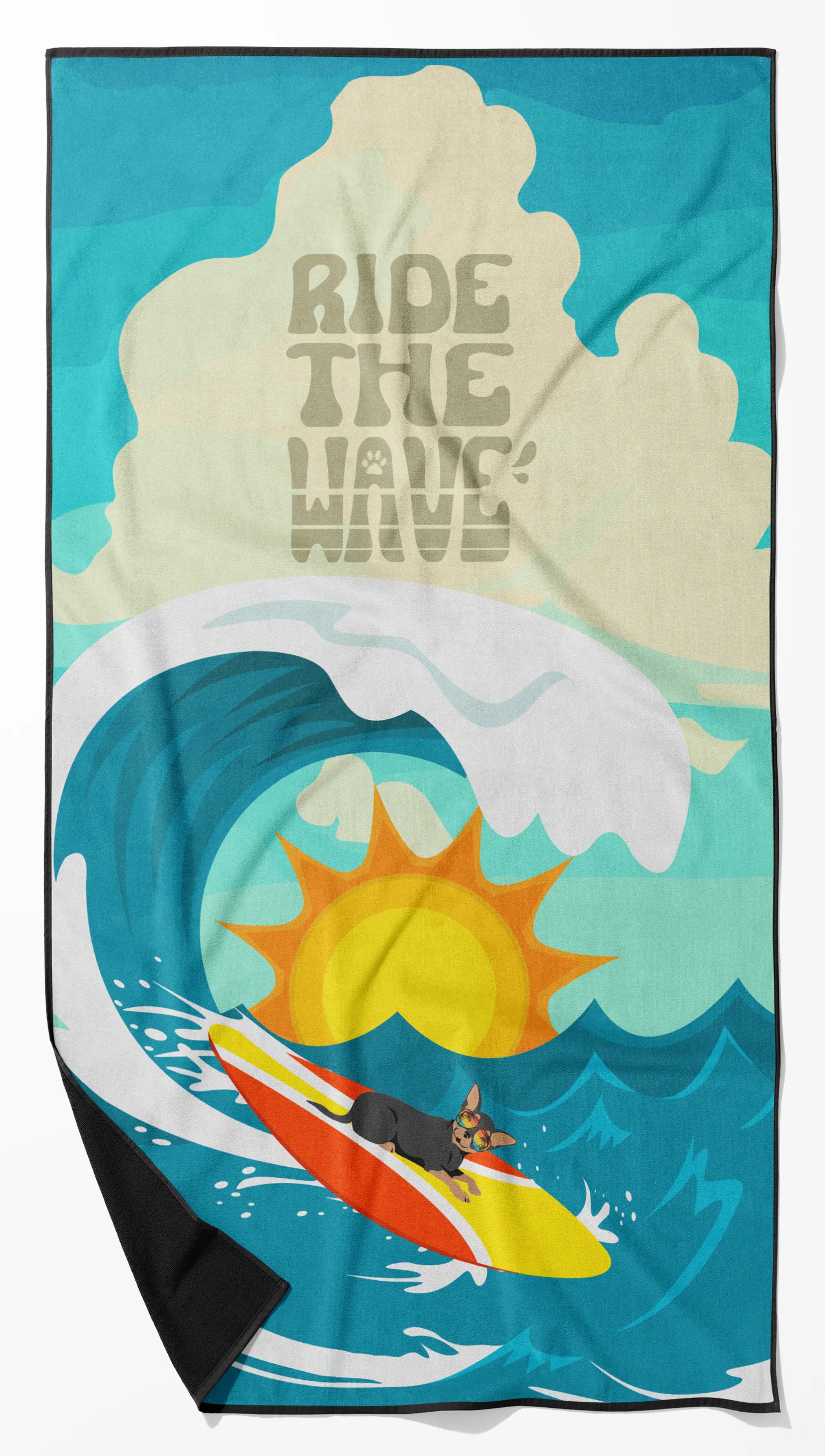Surfer Dog Ride the Wave Premium Beach Towel - Size: 60HX130W | Pack Of: 1 | Collection name: Surfer dog ride the wave