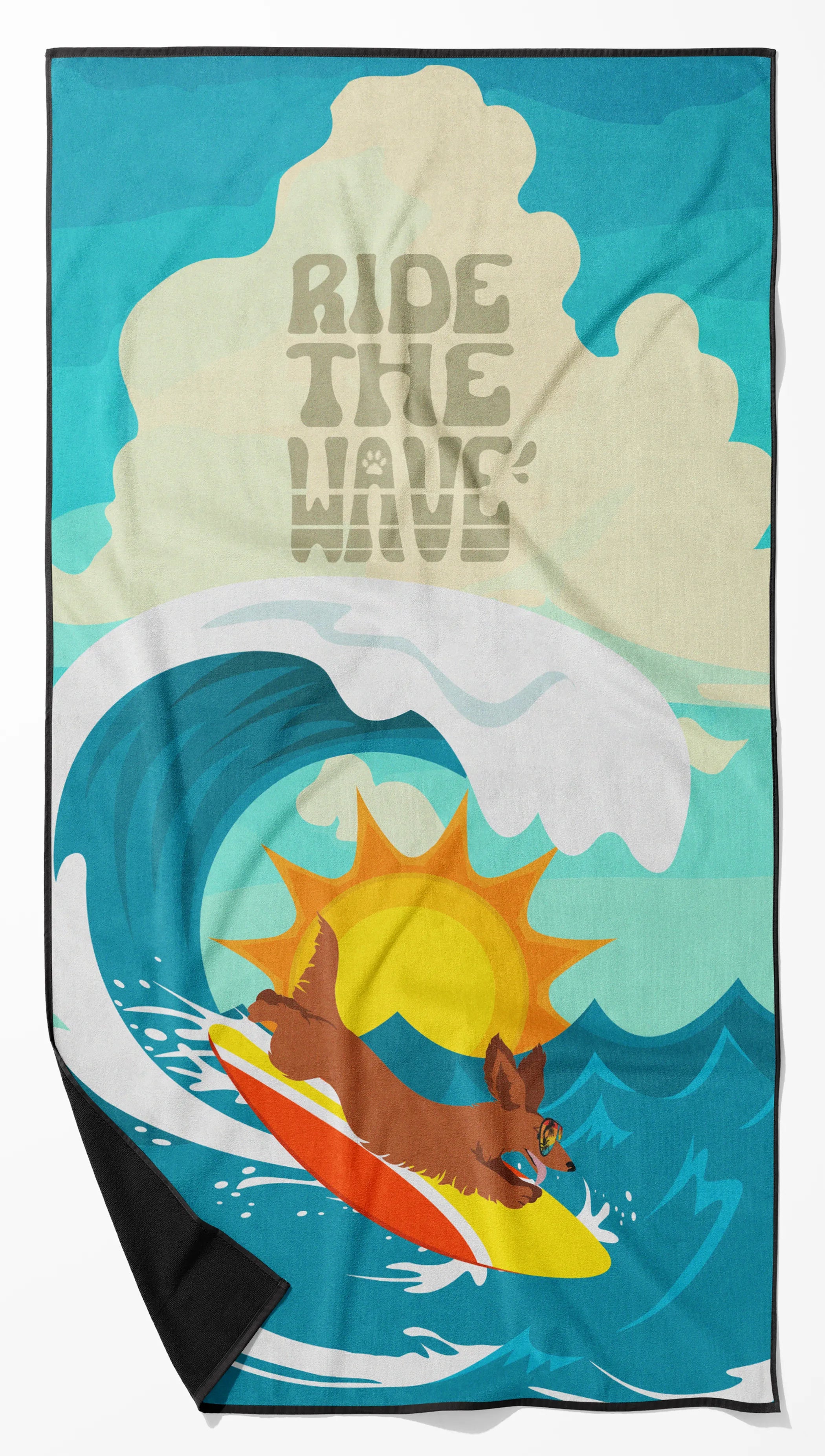 Surfer Dog Ride the Wave Premium Beach Towel - Size: 60HX130W | Pack Of: 1 | Collection name: Surfer dog ride the wave
