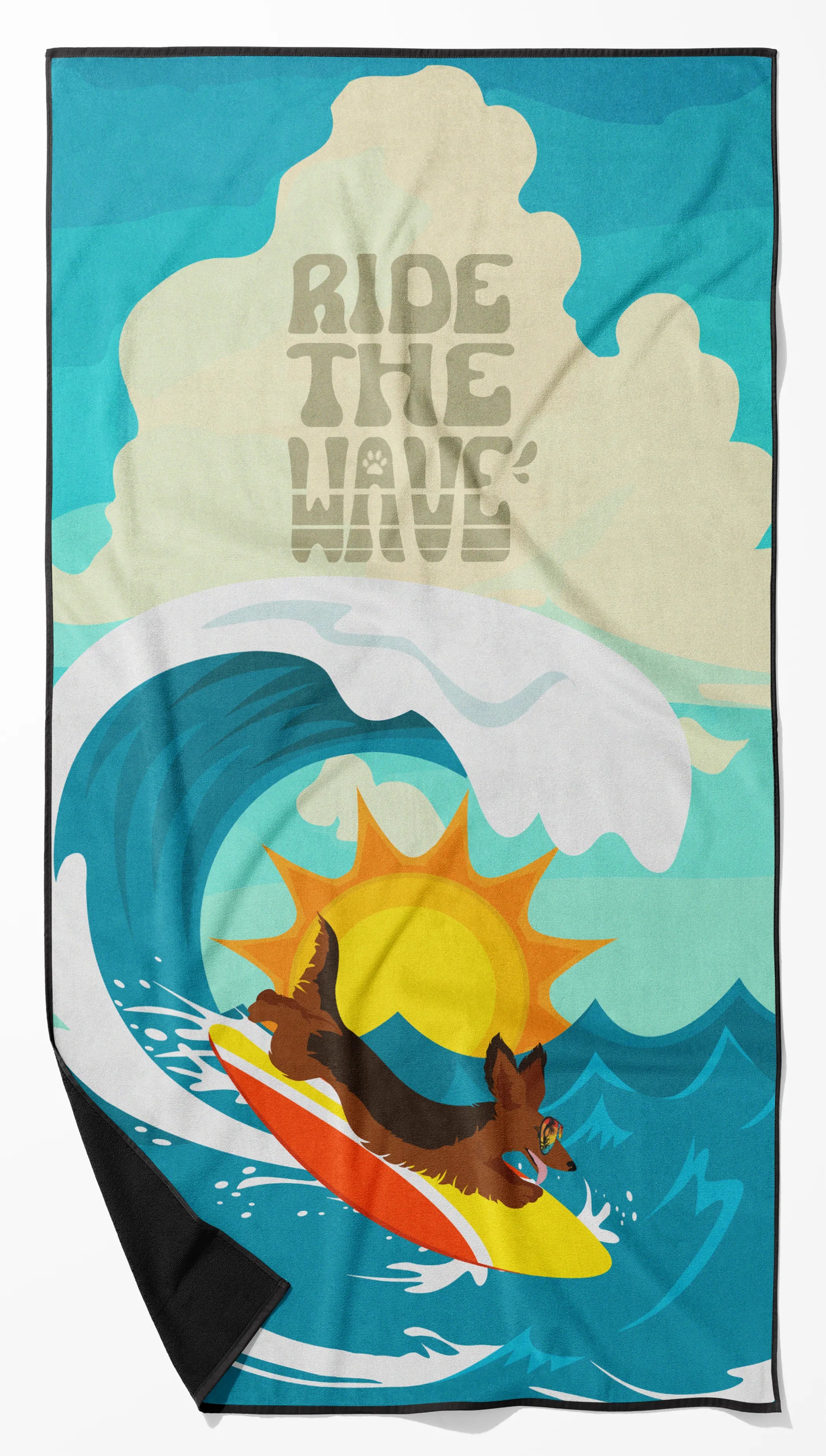 Surfer Dog Ride the Wave Premium Beach Towel - Size: 60HX130W | Pack Of: 1 | Collection name: Surfer dog ride the wave
