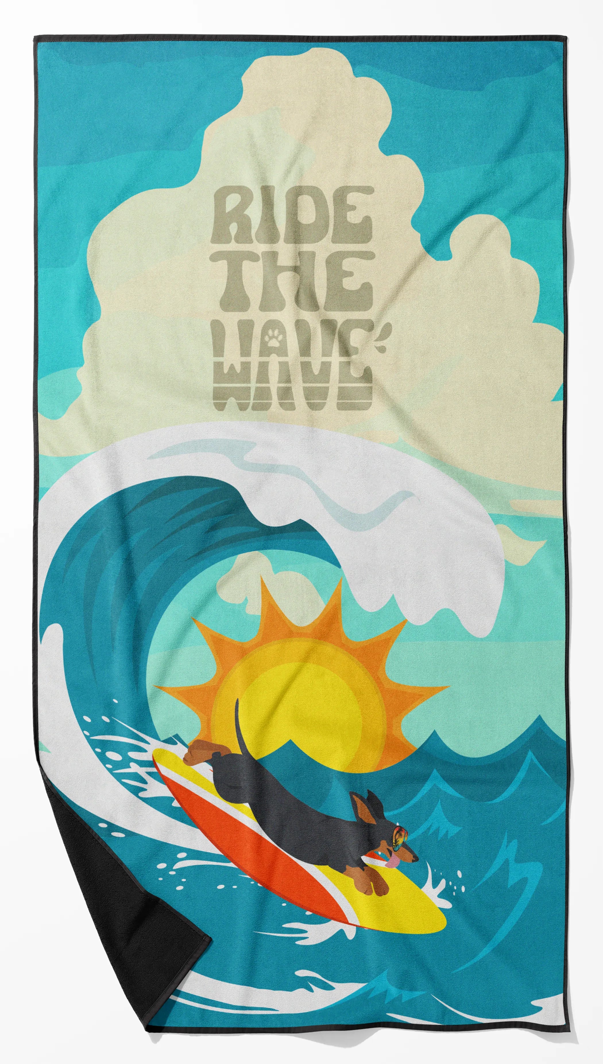 Surfer Dog Ride the Wave Premium Beach Towel - Size: 60HX130W | Pack Of: 1 | Collection name: Surfer dog ride the wave