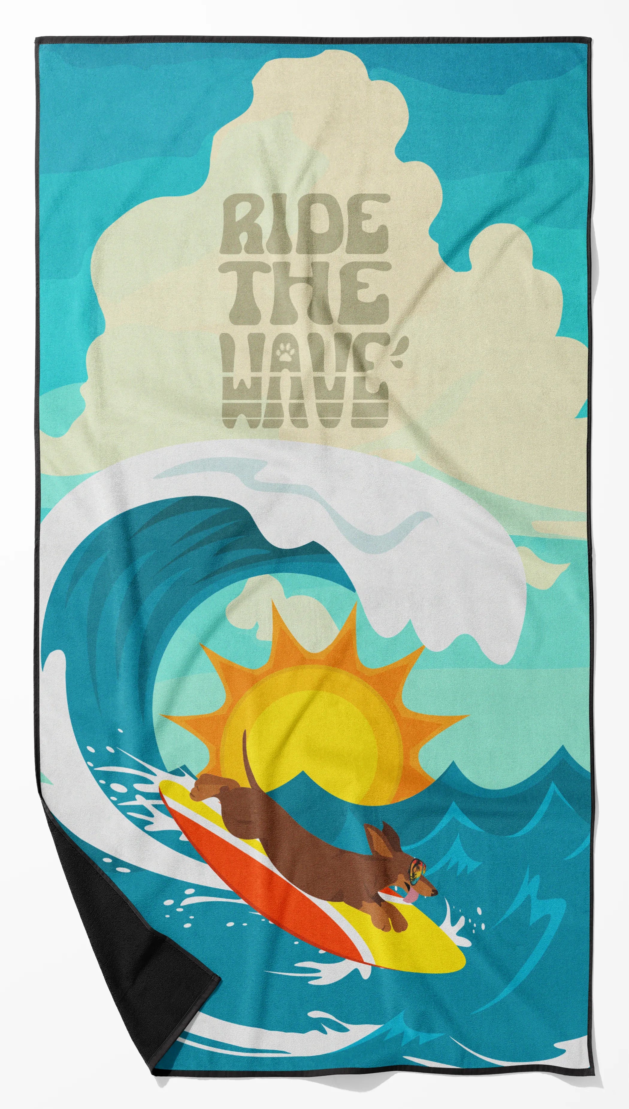 Surfer Dog Ride the Wave Premium Beach Towel - Size: 60HX130W | Pack Of: 1 | Collection name: Surfer dog ride the wave