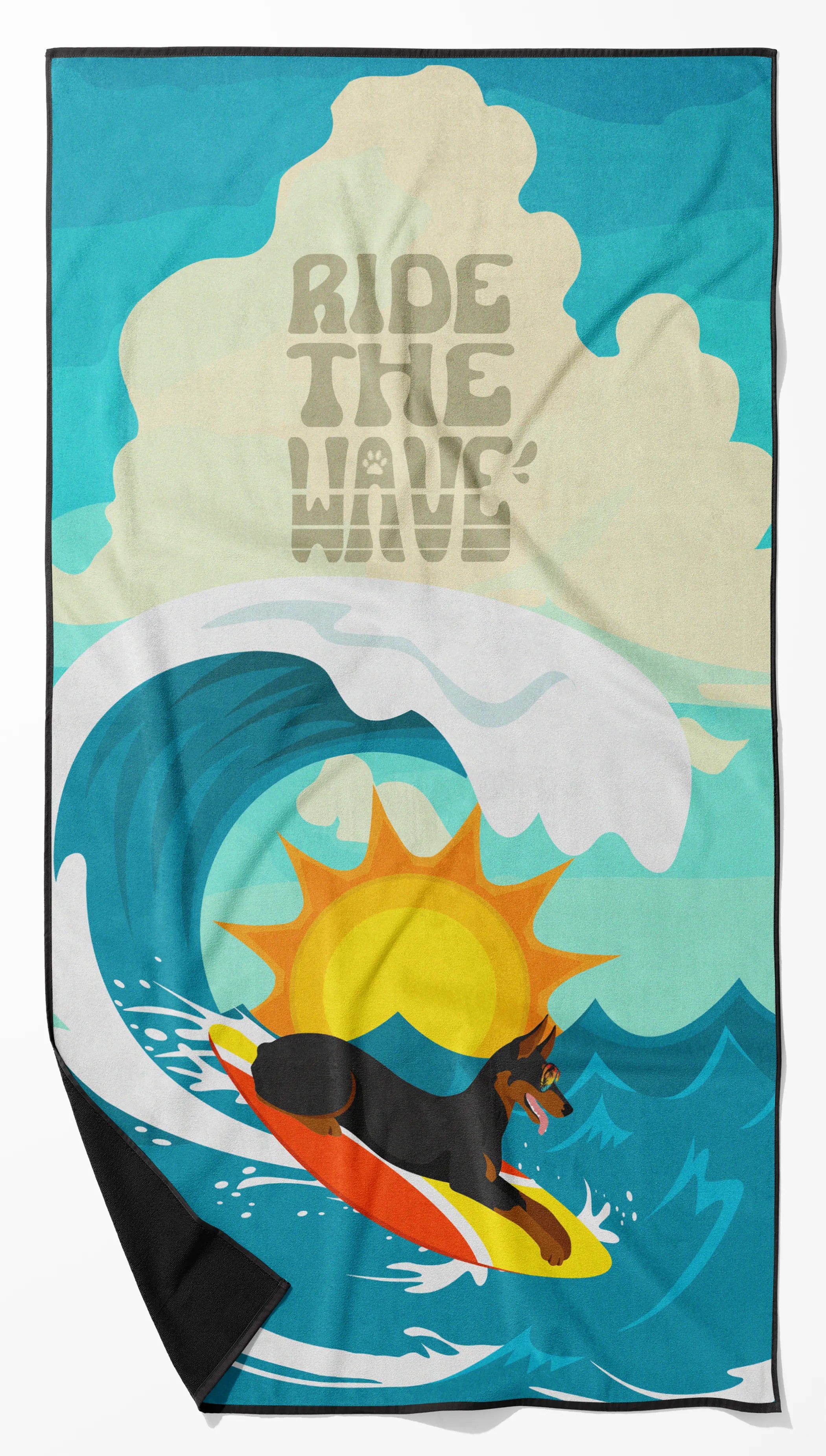 Surfer Dog Ride the Wave Premium Beach Towel - Size: 60HX130W | Pack Of: 1 | Collection name: Surfer dog ride the wave
