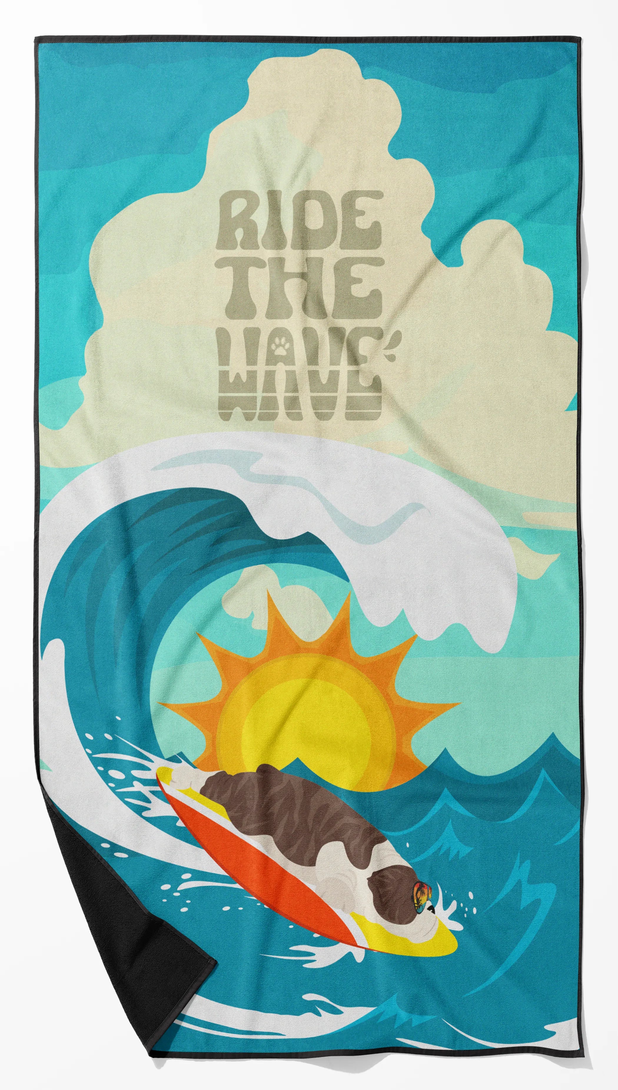 Surfer Dog Ride the Wave Premium Beach Towel - Size: 60HX130W | Pack Of: 1 | Collection name: Surfer dog ride the wave