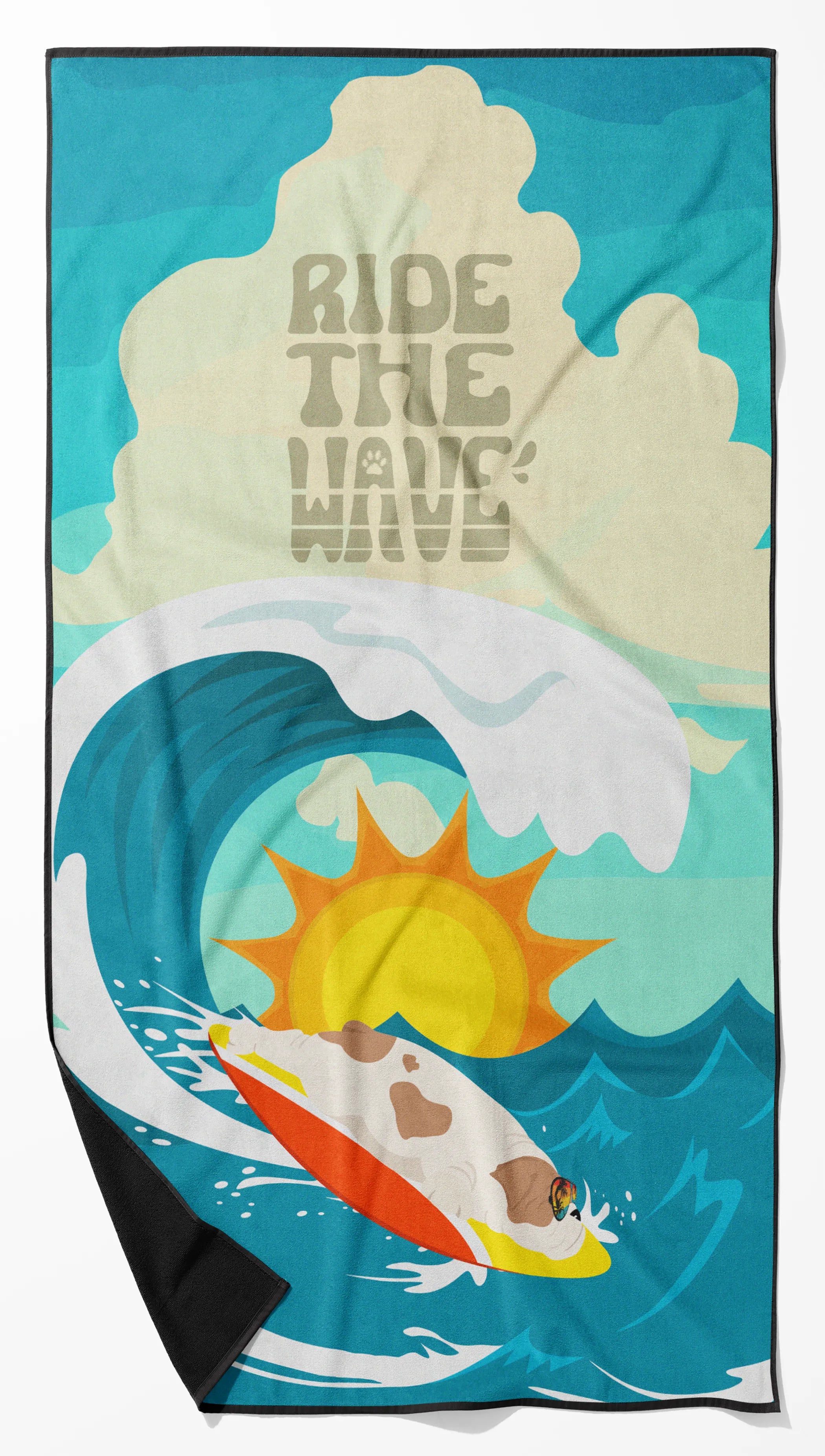 Surfer Dog Ride the Wave Premium Beach Towel - Size: 60HX130W | Pack Of: 1 | Collection name: Surfer dog ride the wave