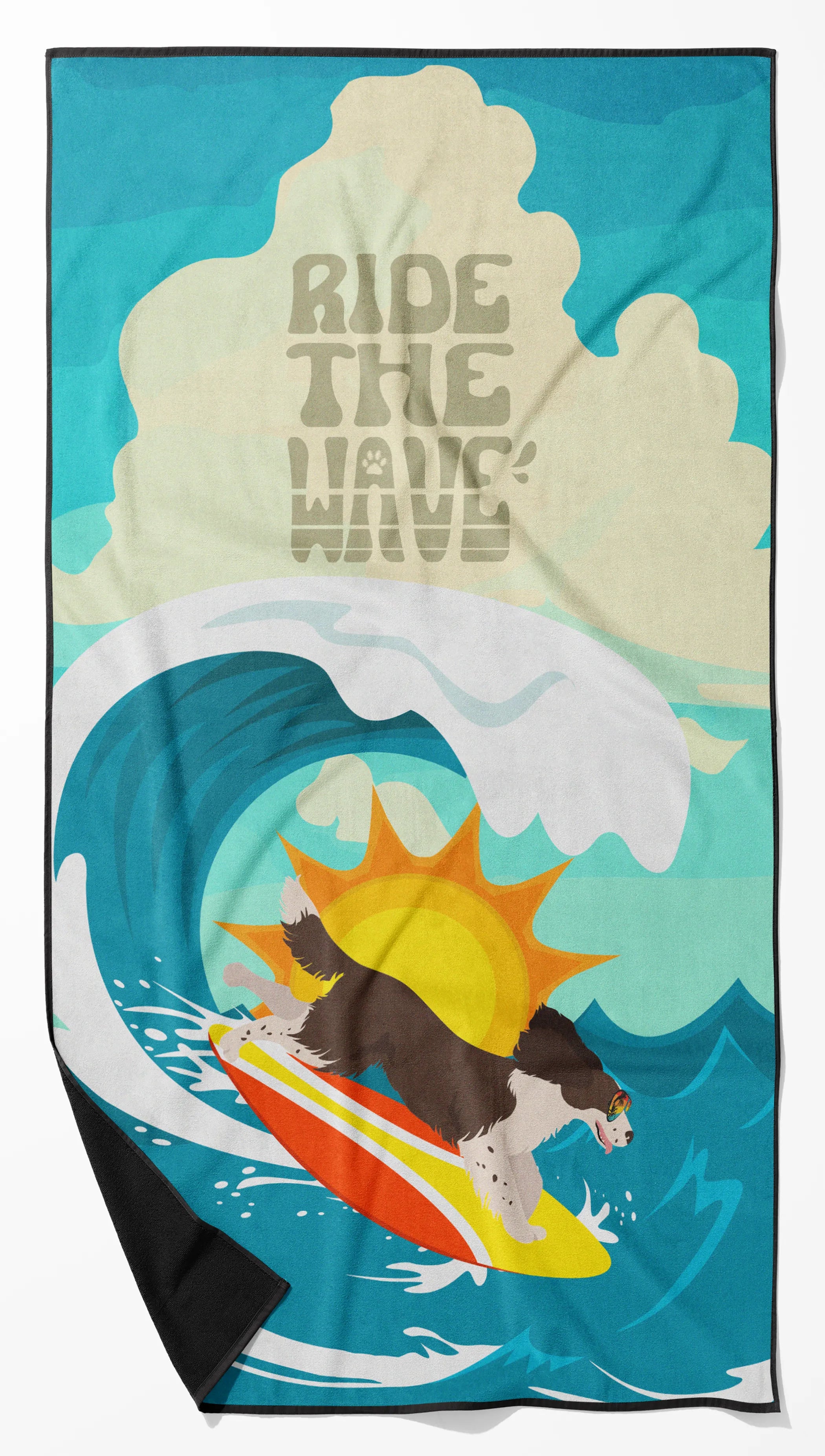Surfer Dog Ride the Wave Premium Beach Towel - Size: 60HX130W | Pack Of: 1 | Collection name: Surfer dog ride the wave