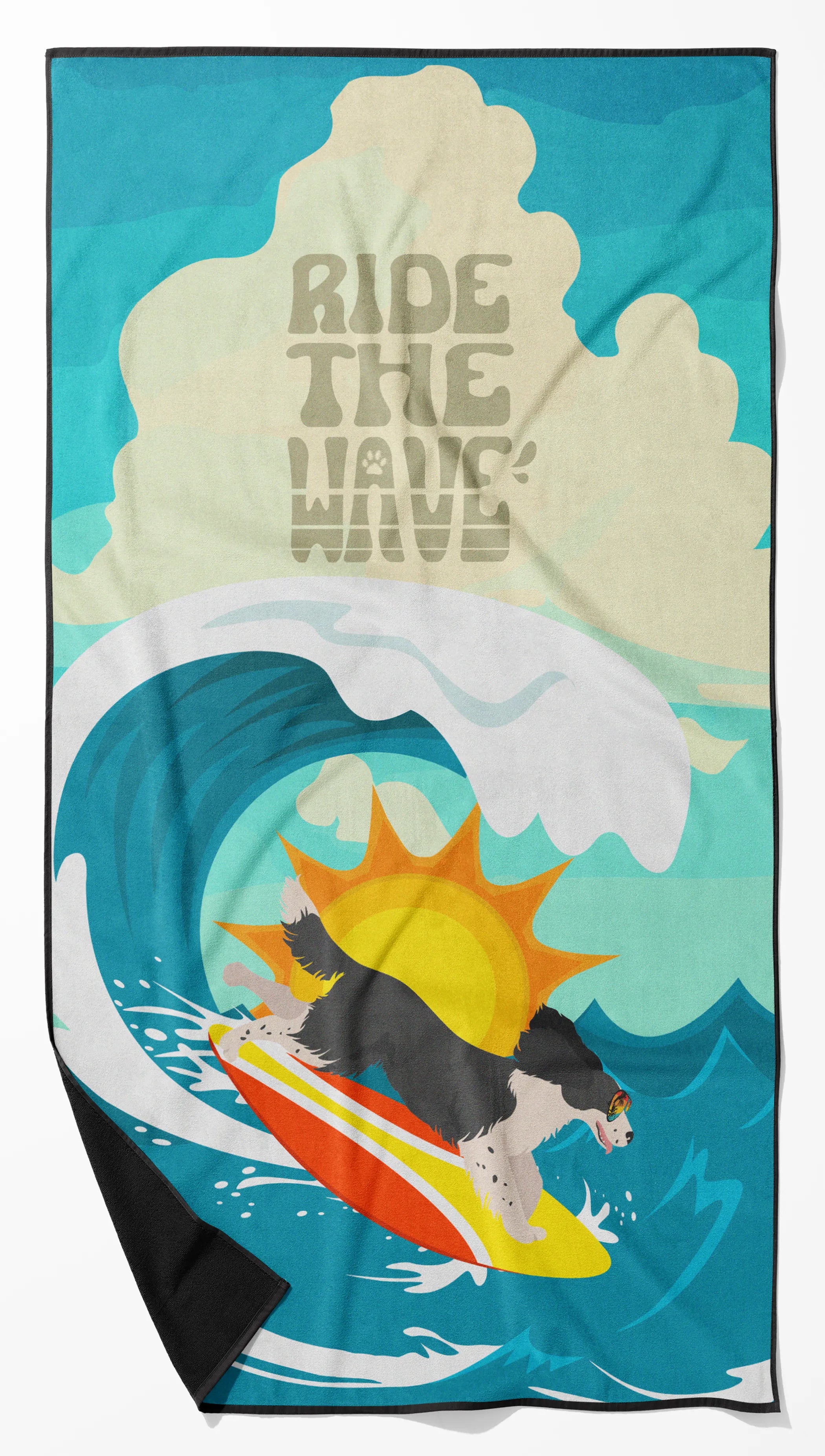 Surfer Dog Ride the Wave Premium Beach Towel - Size: 60HX130W | Pack Of: 1 | Collection name: Surfer dog ride the wave