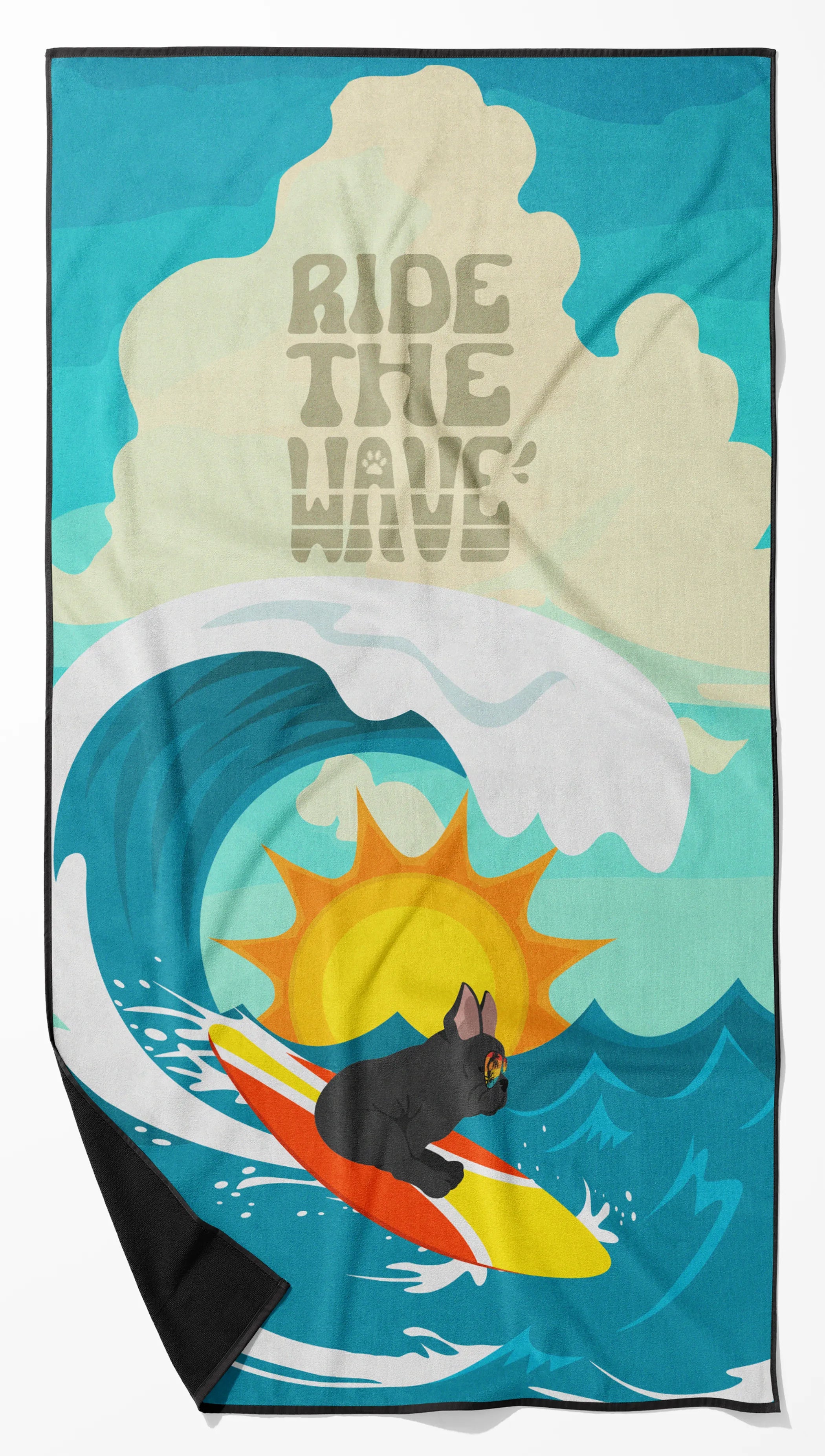Surfer Dog Ride the Wave Premium Beach Towel - Size: 60HX130W | Pack Of: 1 | Collection name: Surfer dog ride the wave
