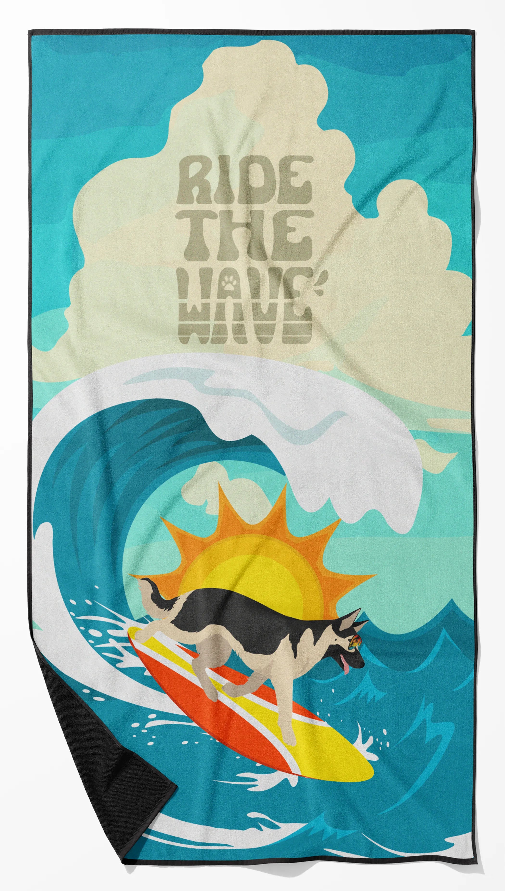 Surfer Dog Ride the Wave Premium Beach Towel - Size: 60HX130W | Pack Of: 1 | Collection name: Surfer dog ride the wave