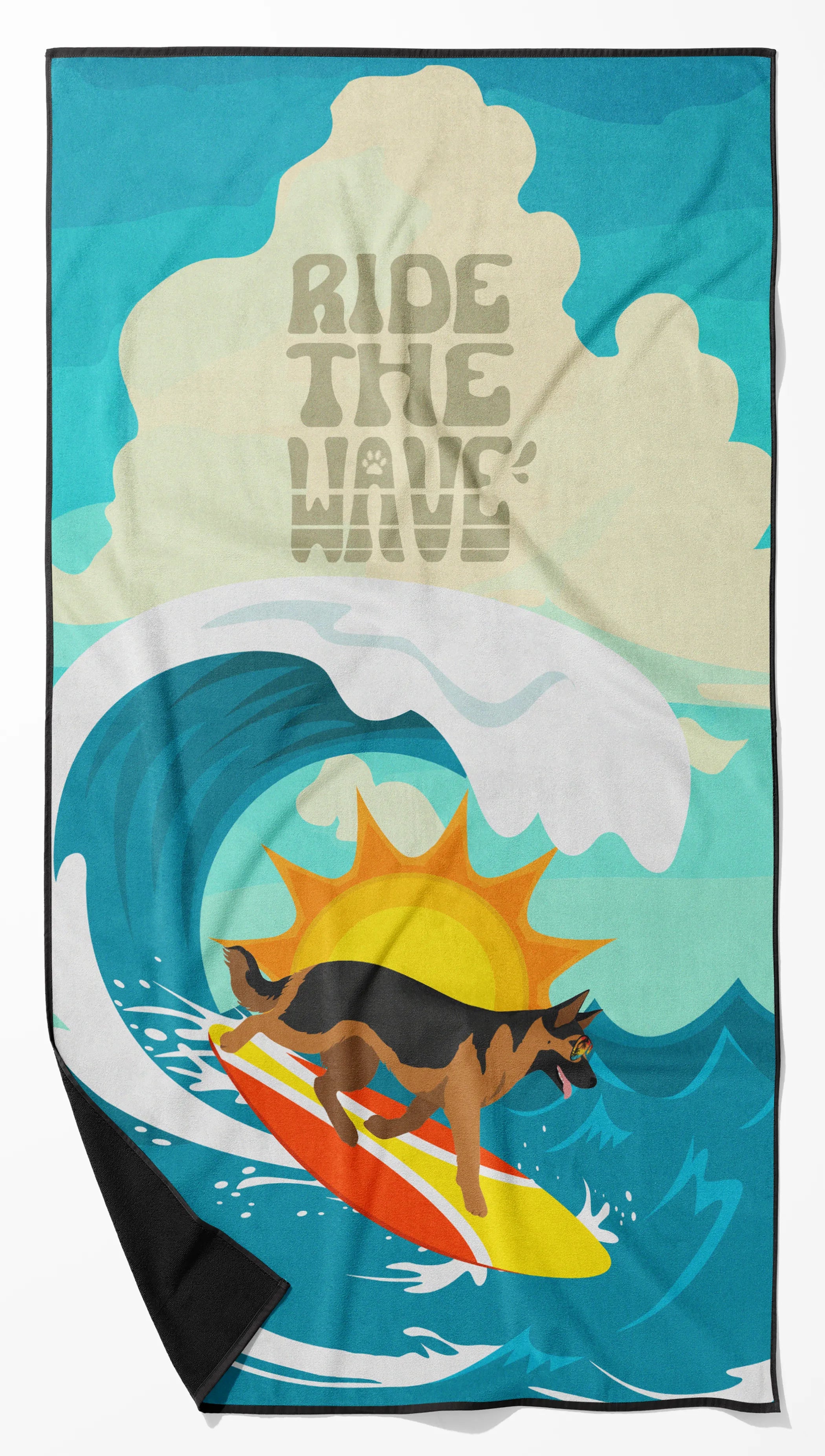 Surfer Dog Ride the Wave Premium Beach Towel - Size: 60HX130W | Pack Of: 1 | Collection name: Surfer dog ride the wave