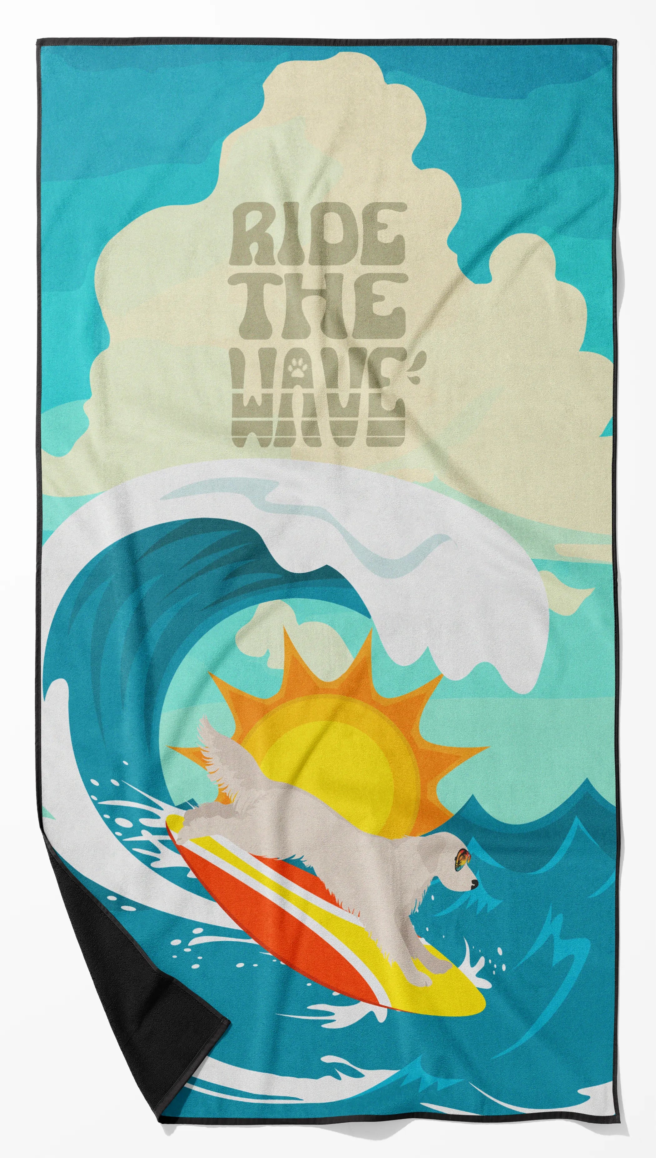 Surfer Dog Ride the Wave Premium Beach Towel - Size: 60HX130W | Pack Of: 1 | Collection name: Surfer dog ride the wave