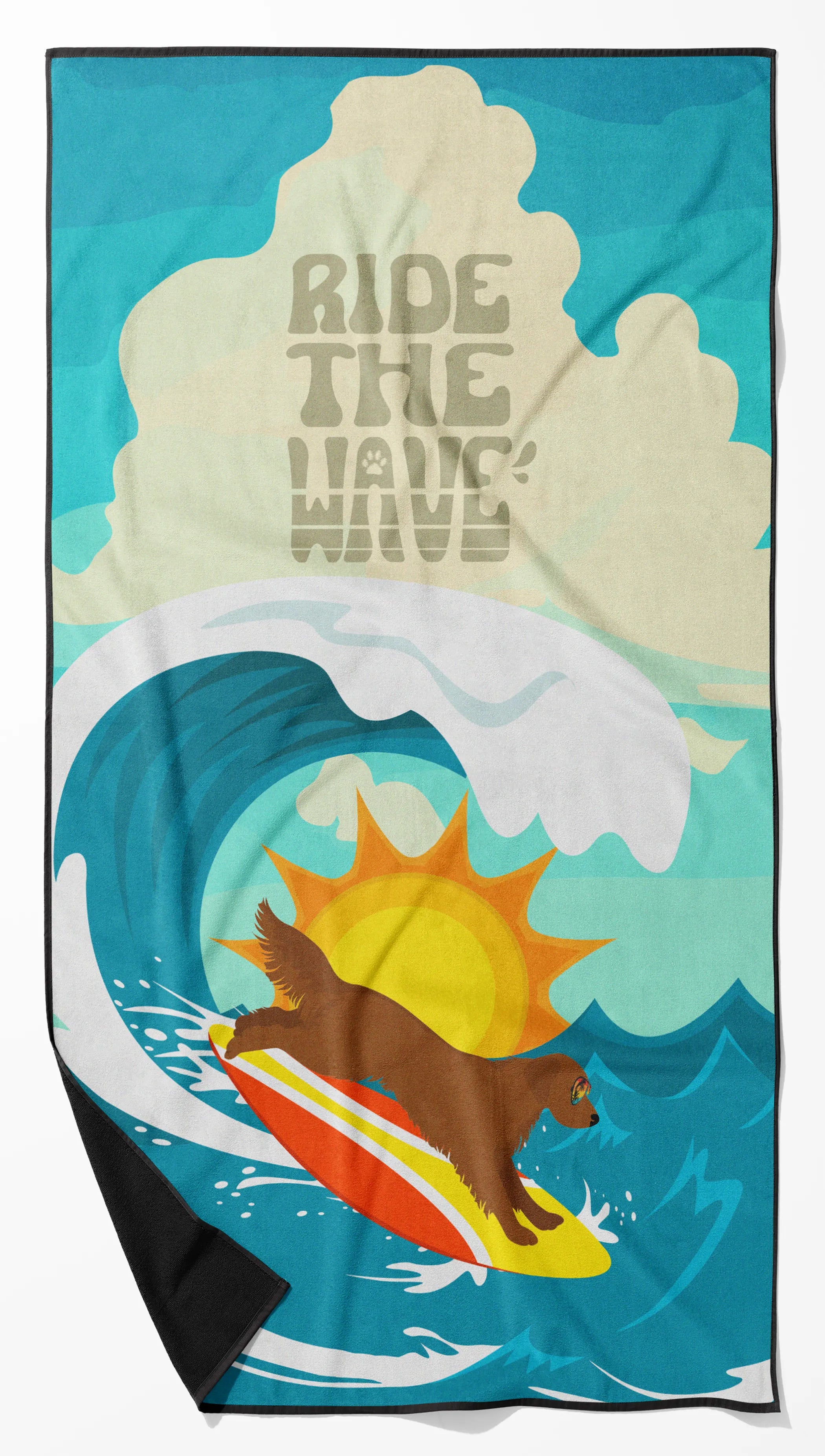Surfer Dog Ride the Wave Premium Beach Towel - Size: 60HX130W | Pack Of: 1 | Collection name: Surfer dog ride the wave